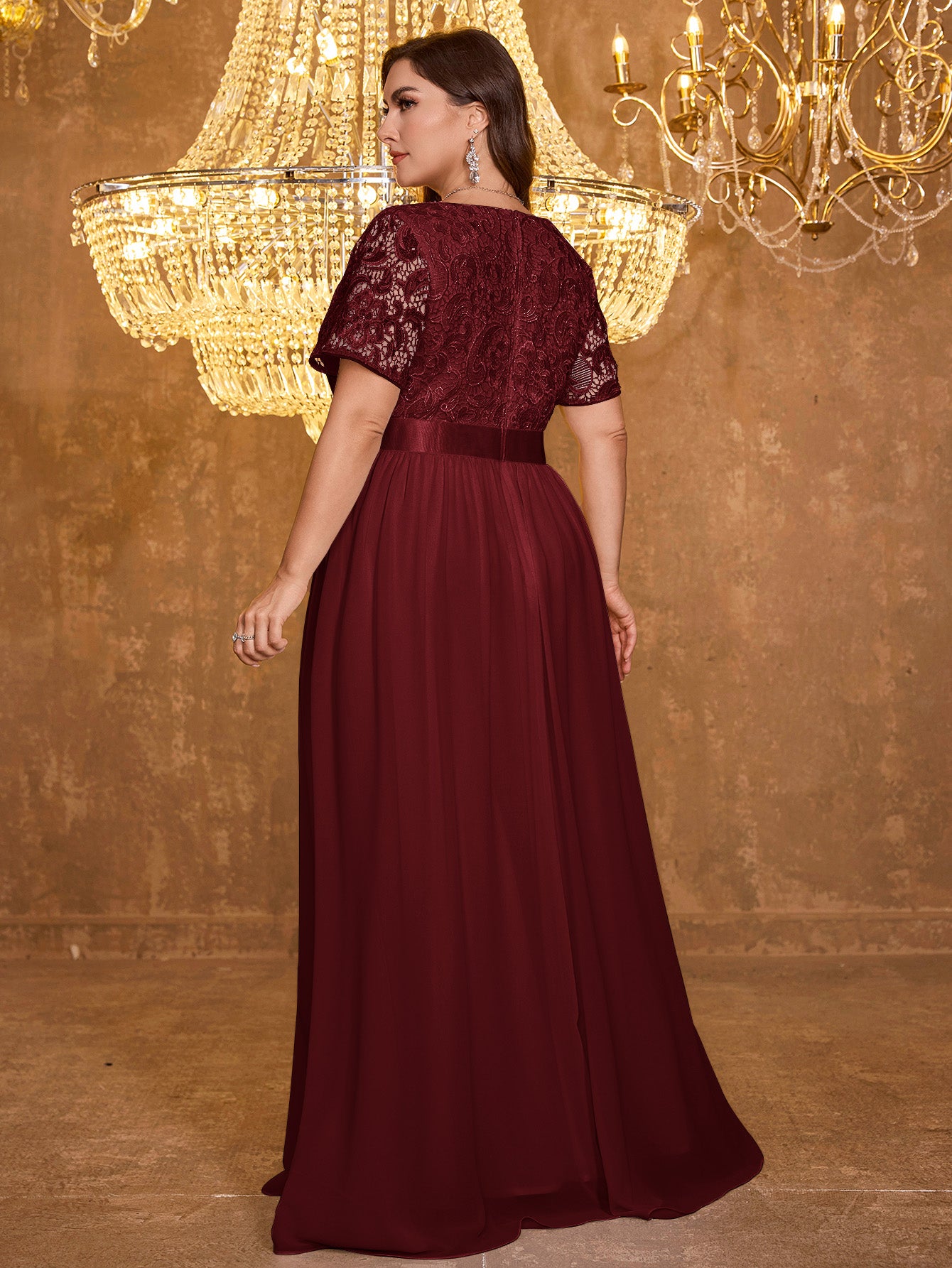 V-neck Elegant Mesh Patchwork Embroidered Short Sleeved Long Dress