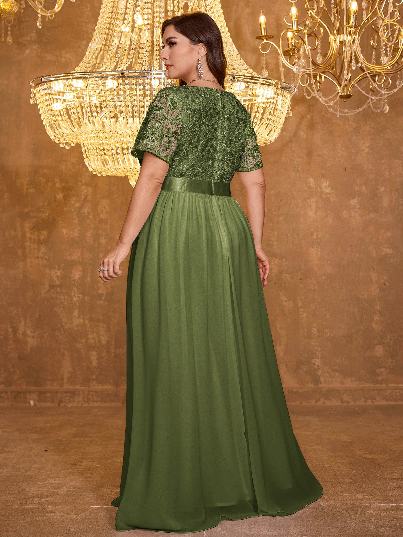 V-neck Elegant Mesh Patchwork Embroidered Short Sleeved Long Dress