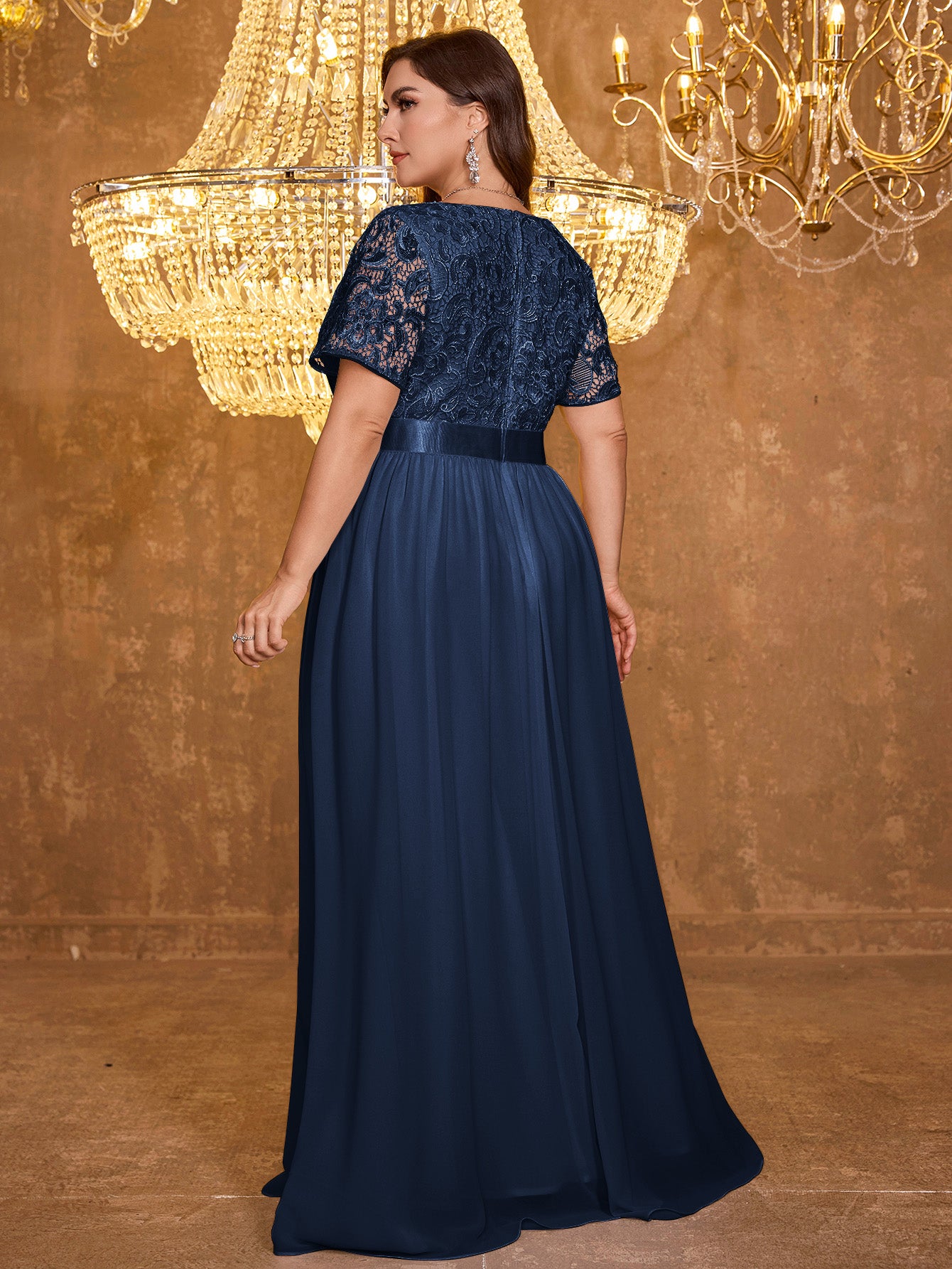 V-neck Elegant Mesh Patchwork Embroidered Short Sleeved Long Dress