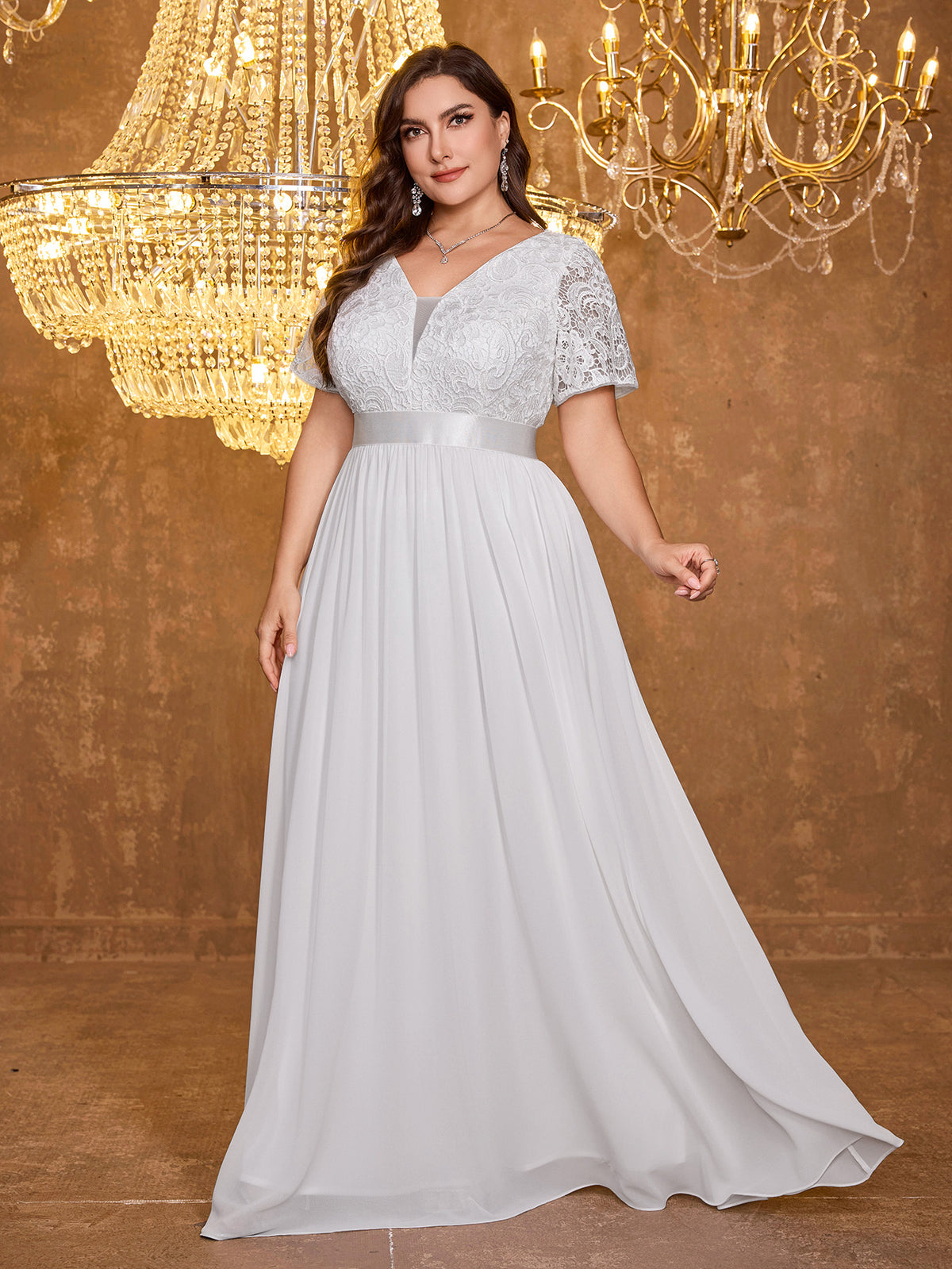 V-neck Elegant Mesh Patchwork Embroidered Short Sleeved Long Dress