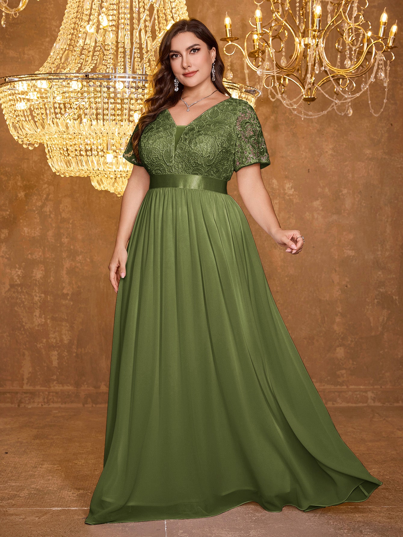 V-neck Elegant Mesh Patchwork Embroidered Short Sleeved Long Dress