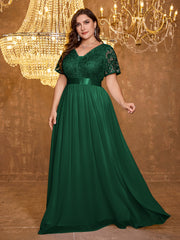 V-neck Elegant Mesh Patchwork Embroidered Short Sleeved Long Dress