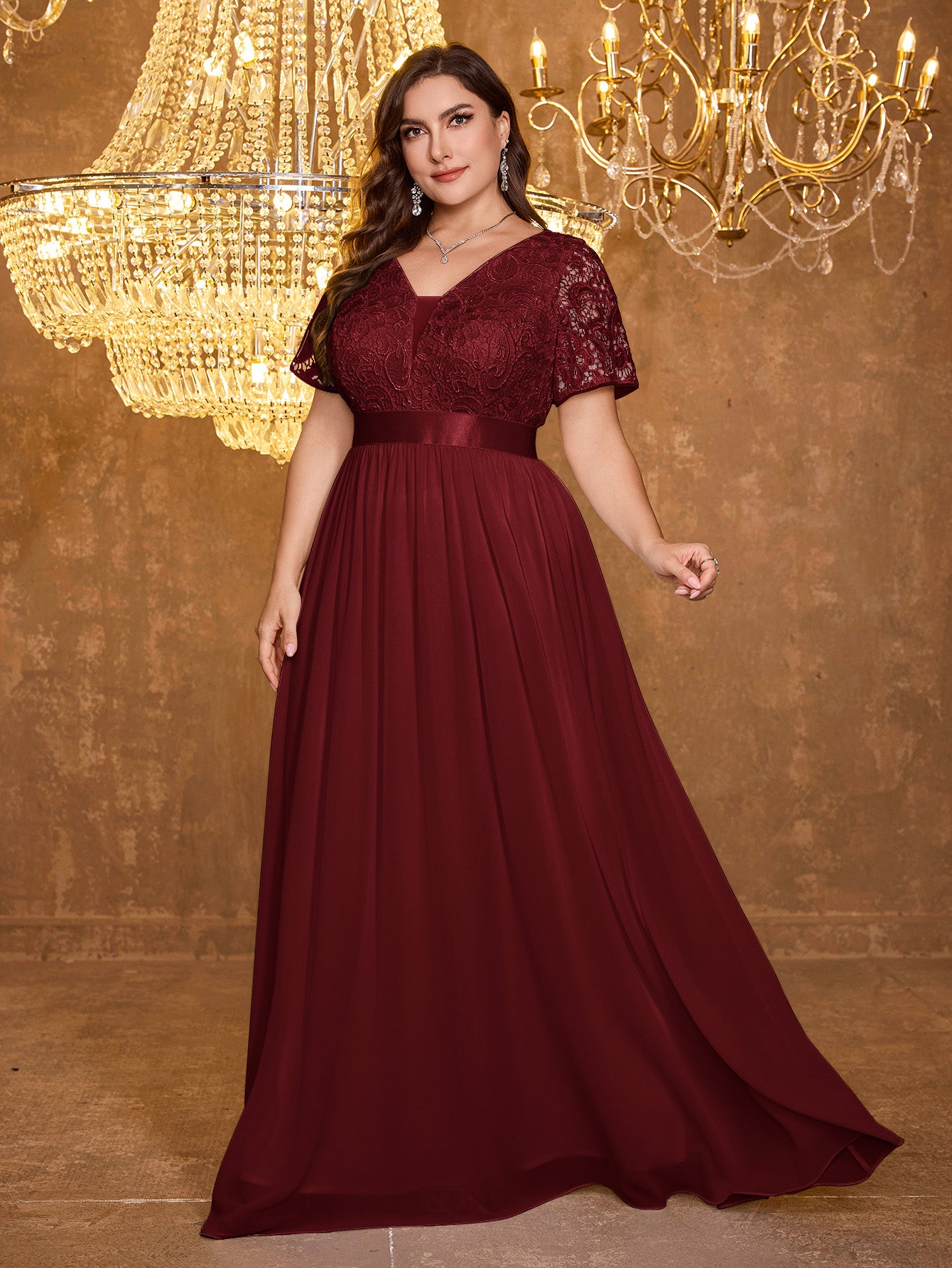 V-neck Elegant Mesh Patchwork Embroidered Short Sleeved Long Dress