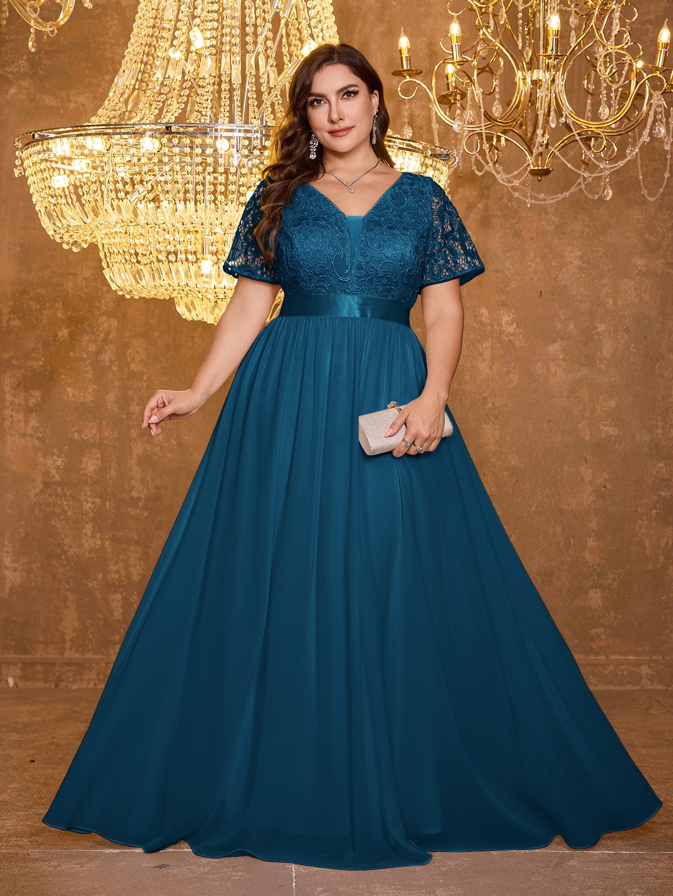V-neck Elegant Mesh Patchwork Embroidered Short Sleeved Long Dress