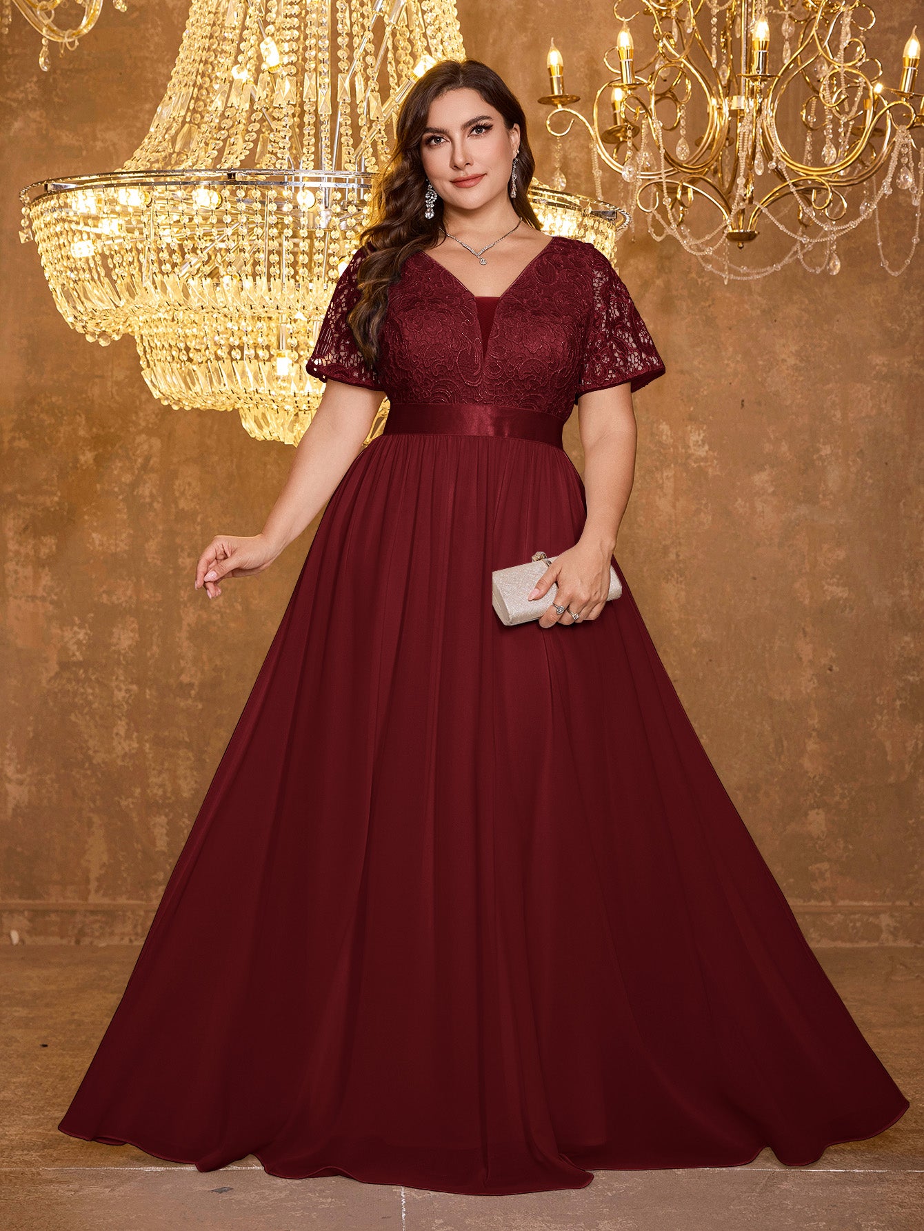 V-neck Elegant Mesh Patchwork Embroidered Short Sleeved Long Dress