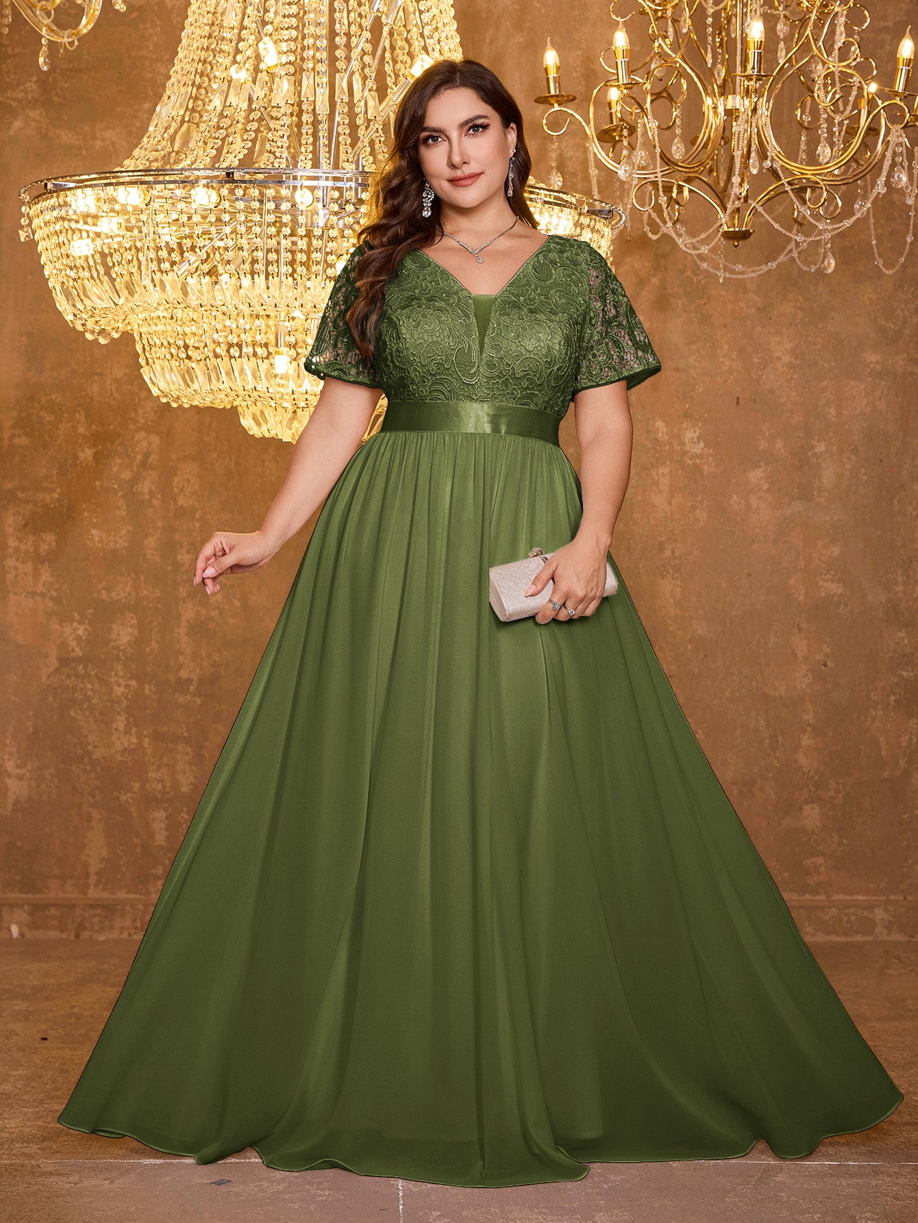 V-neck Elegant Mesh Patchwork Embroidered Short Sleeved Long Dress