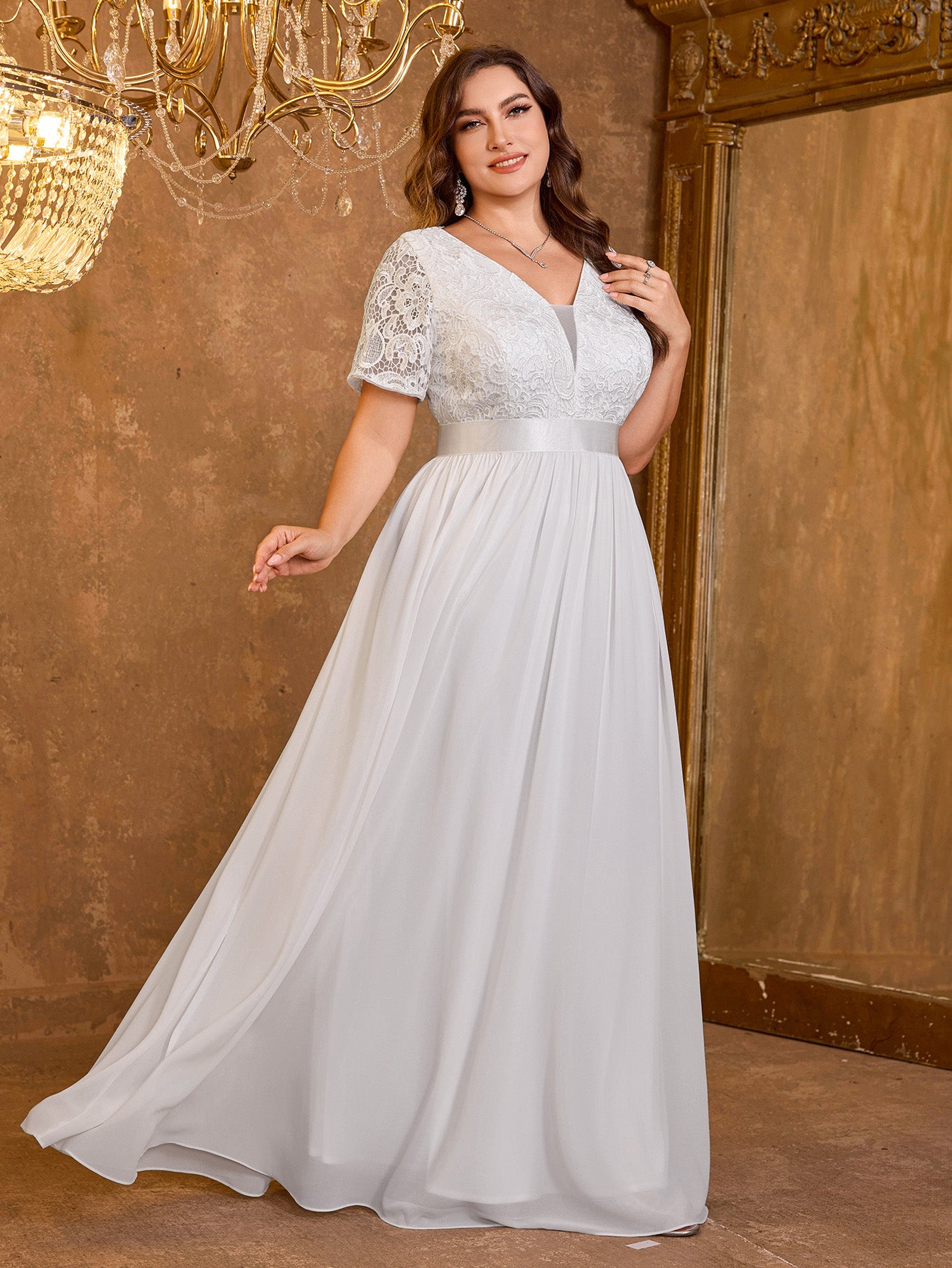 V-neck Elegant Mesh Patchwork Embroidered Short Sleeved Long Dress