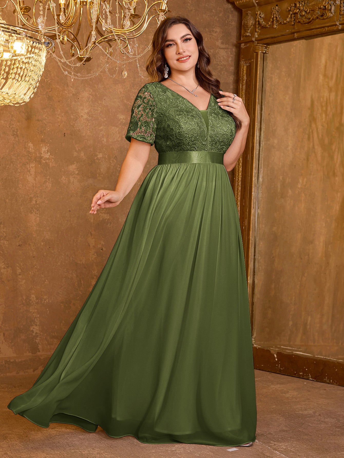 V-neck Elegant Mesh Patchwork Embroidered Short Sleeved Long Dress