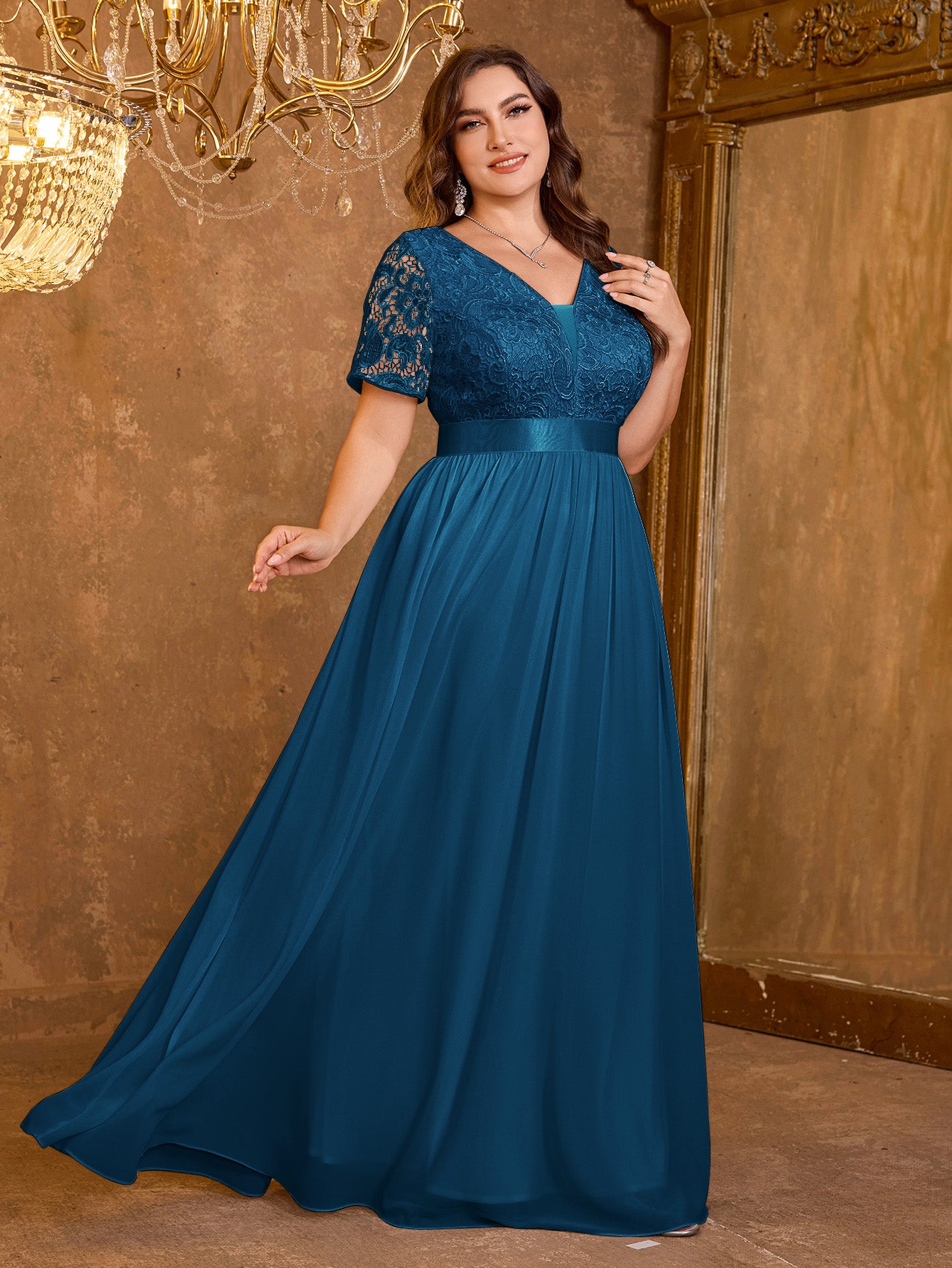 V-neck Elegant Mesh Patchwork Embroidered Short Sleeved Long Dress