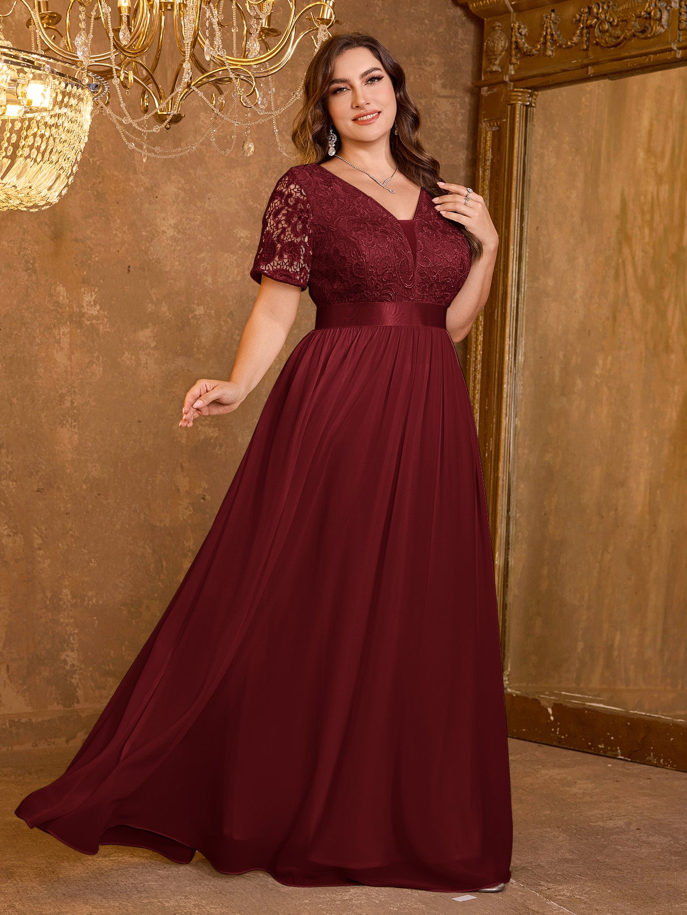 V-neck Elegant Mesh Patchwork Embroidered Short Sleeved Long Dress