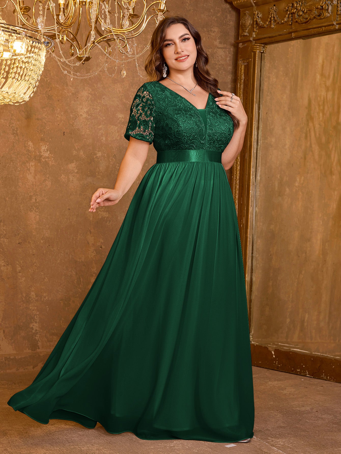 V-neck Elegant Mesh Patchwork Embroidered Short Sleeved Long Dress