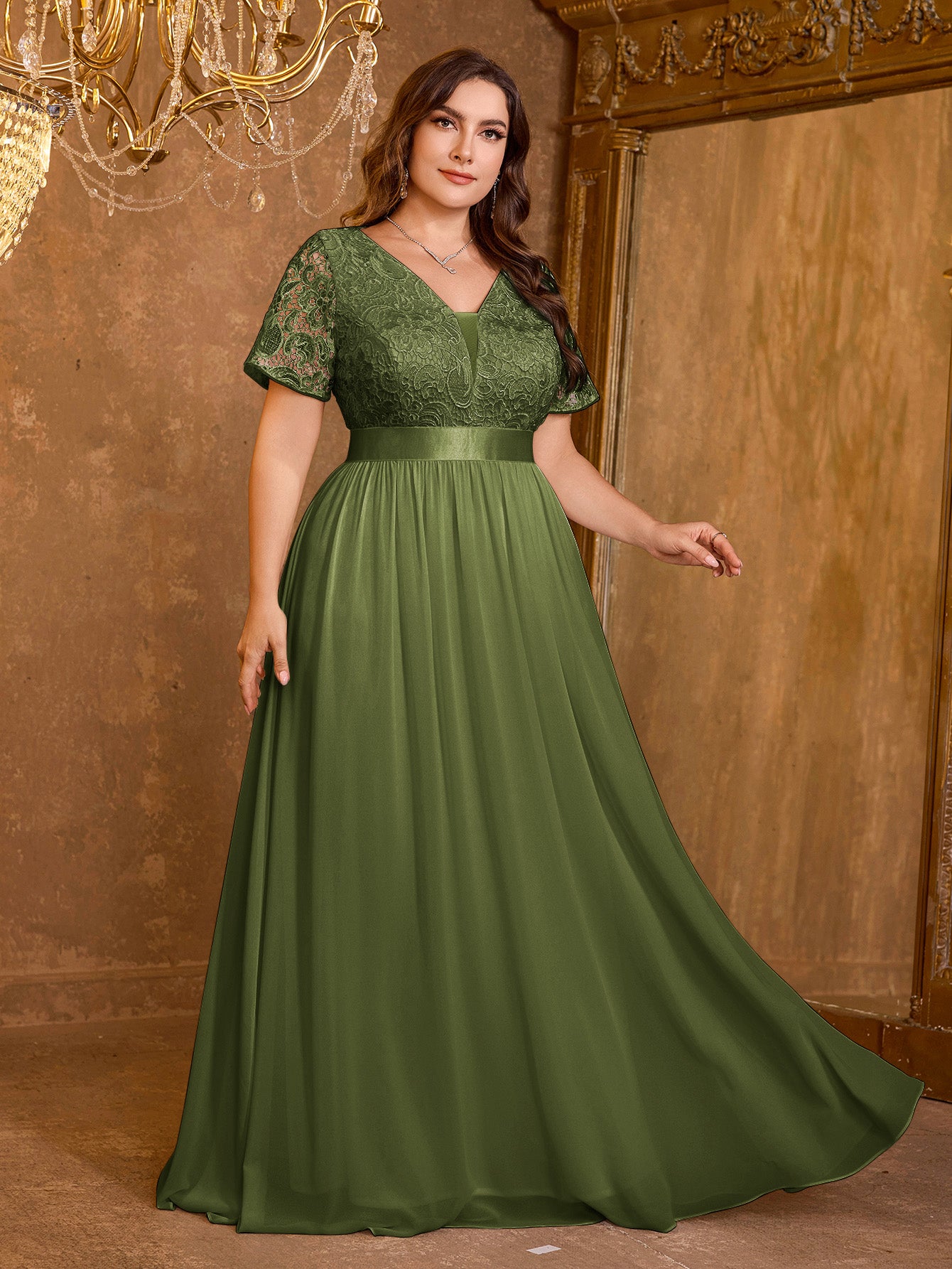 V-neck Elegant Mesh Patchwork Embroidered Short Sleeved Long Dress