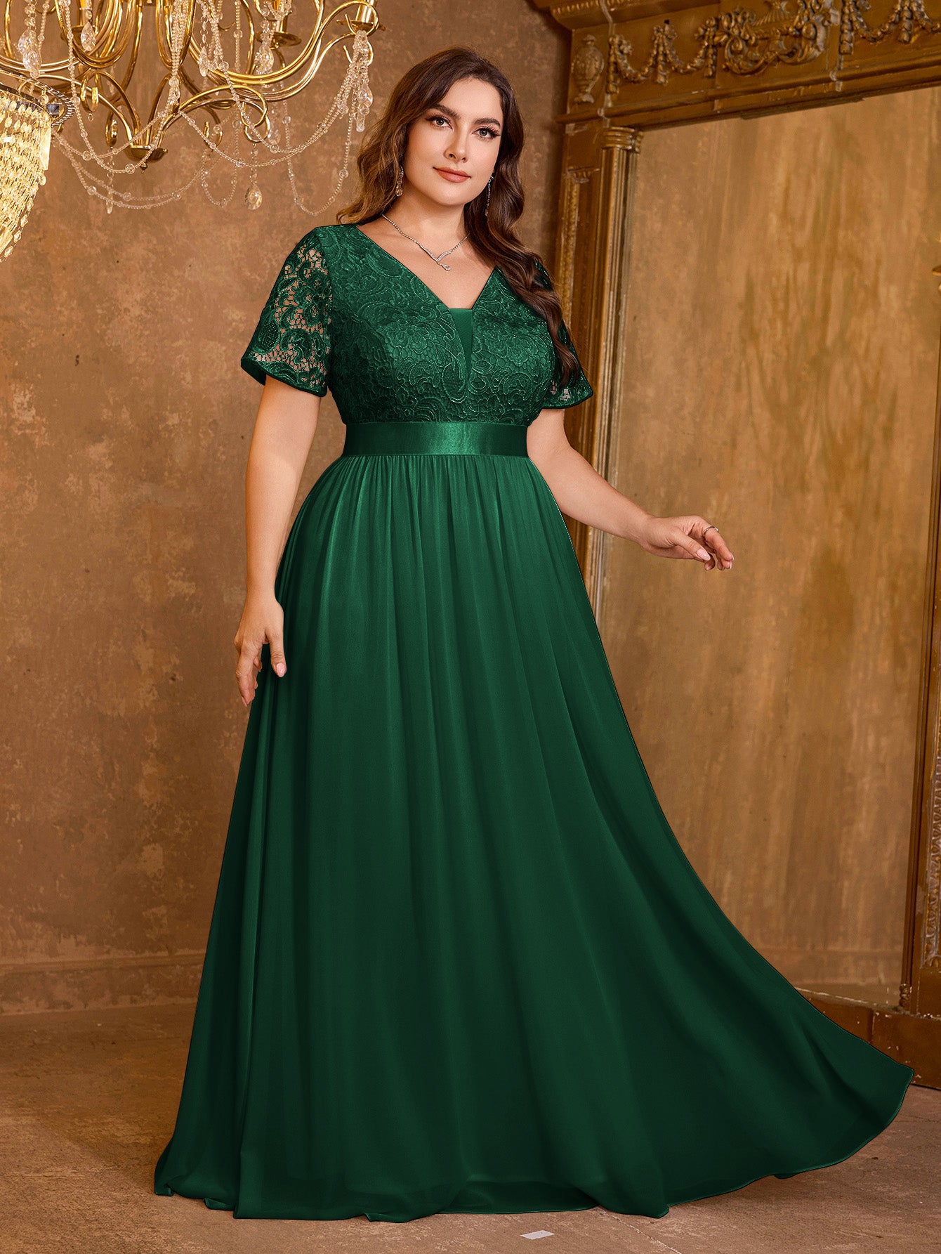 V-neck Elegant Mesh Patchwork Embroidered Short Sleeved Long Dress