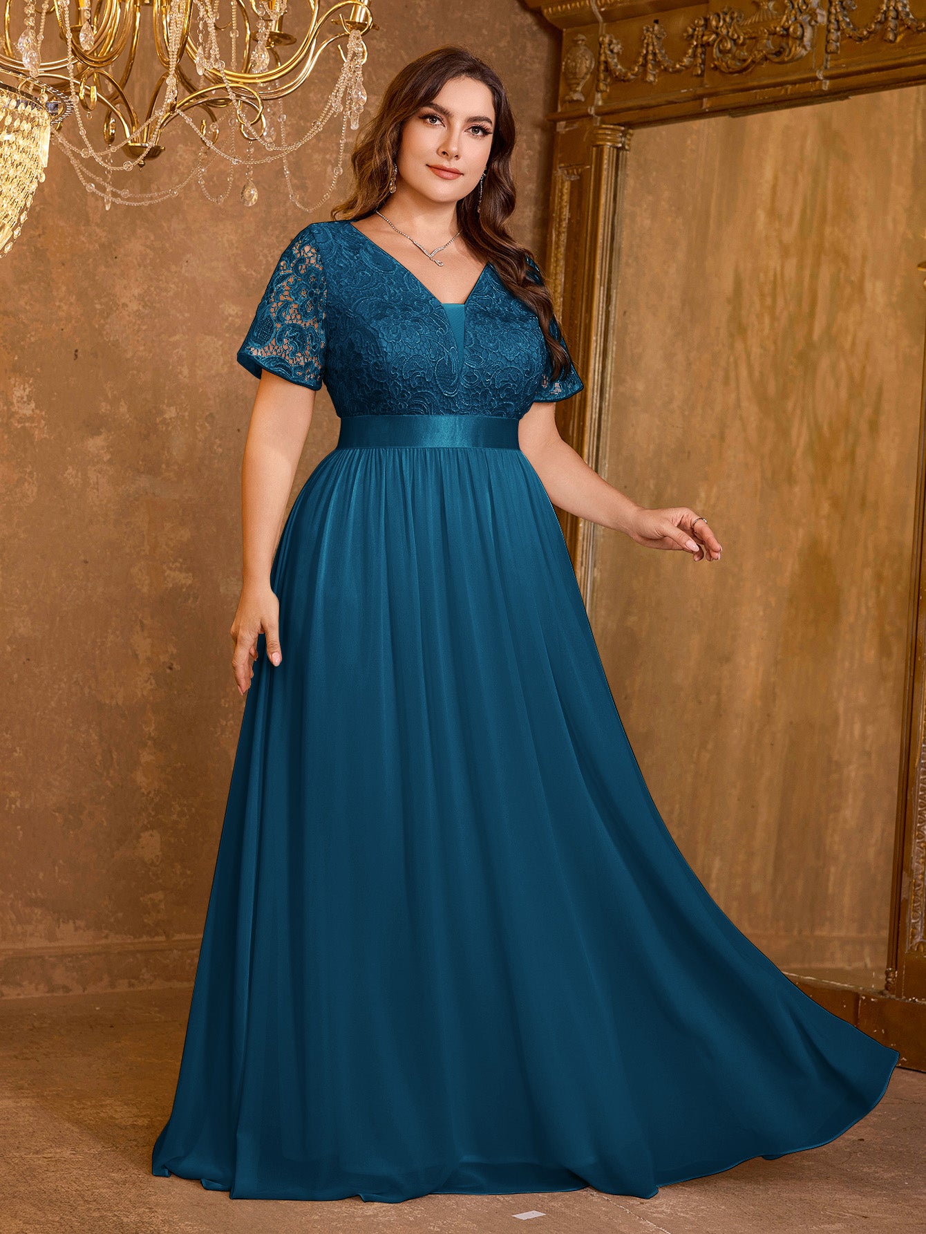 V-neck Elegant Mesh Patchwork Embroidered Short Sleeved Long Dress