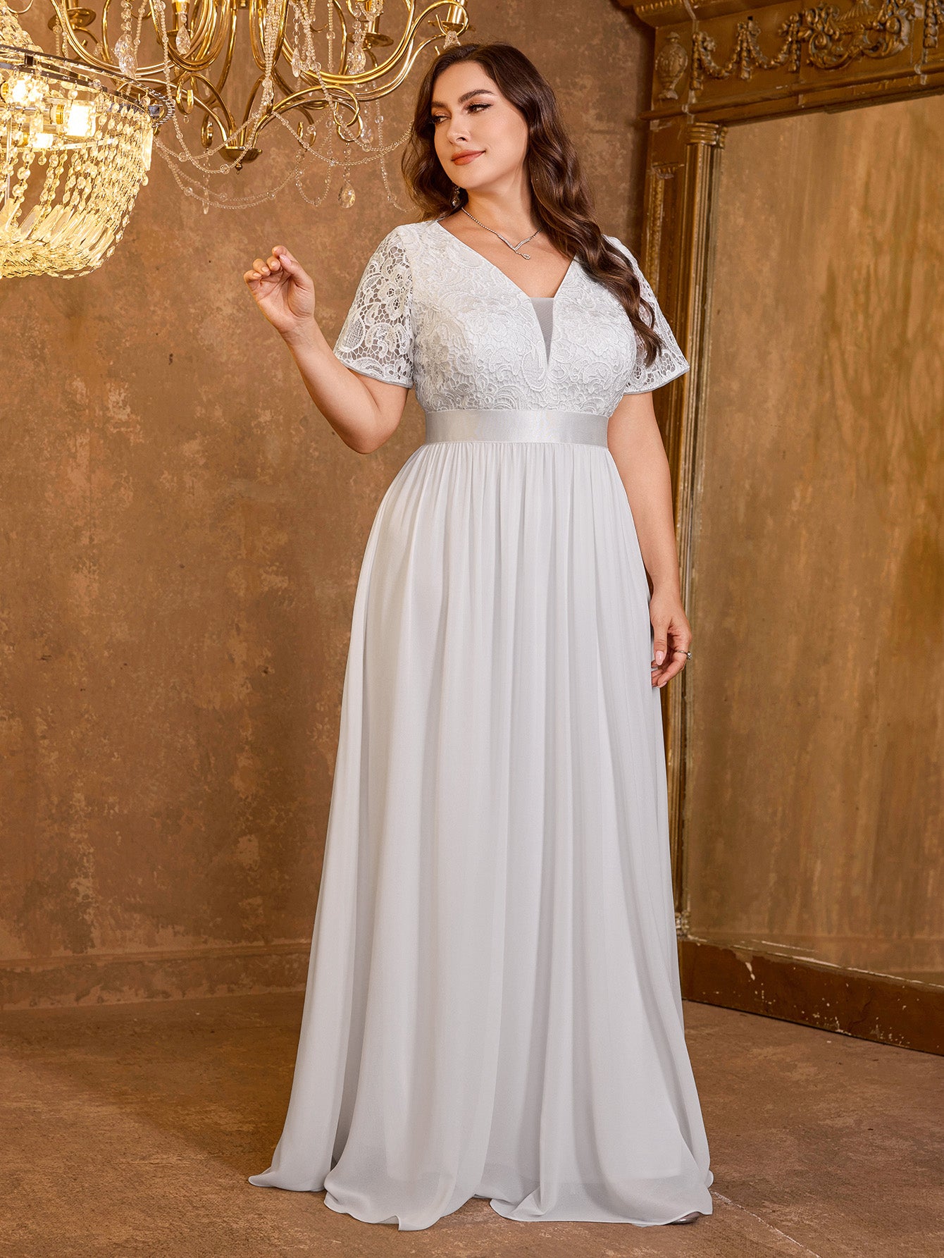 V-neck Elegant Mesh Patchwork Embroidered Short Sleeved Long Dress