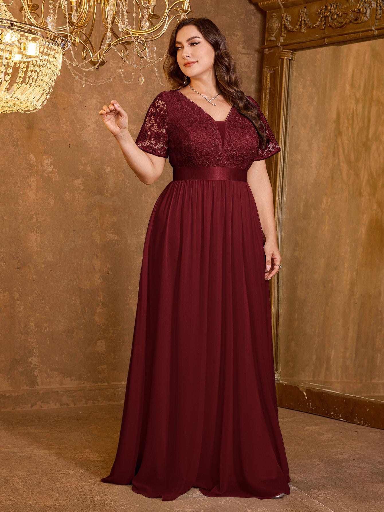 V-neck Elegant Mesh Patchwork Embroidered Short Sleeved Long Dress