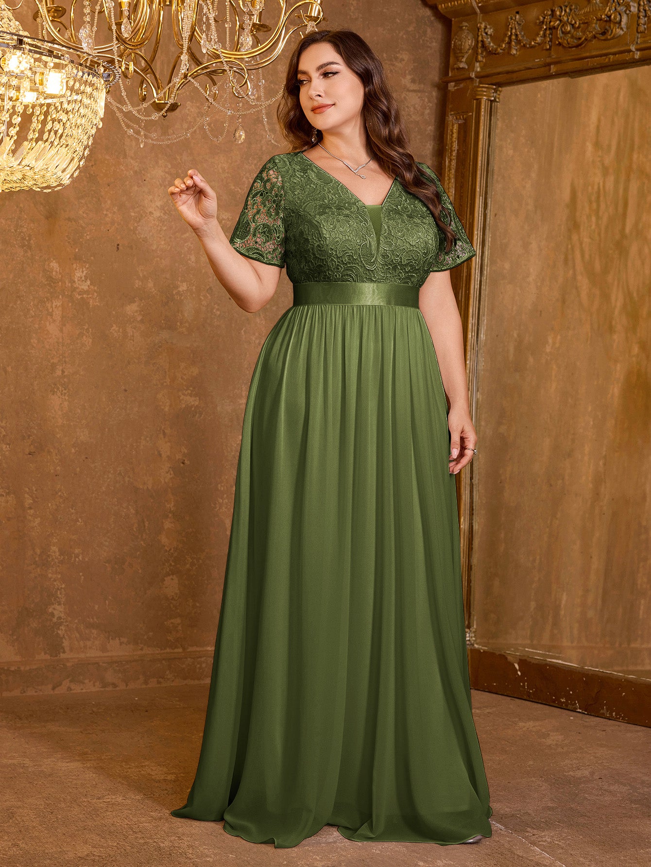 V-neck Elegant Mesh Patchwork Embroidered Short Sleeved Long Dress