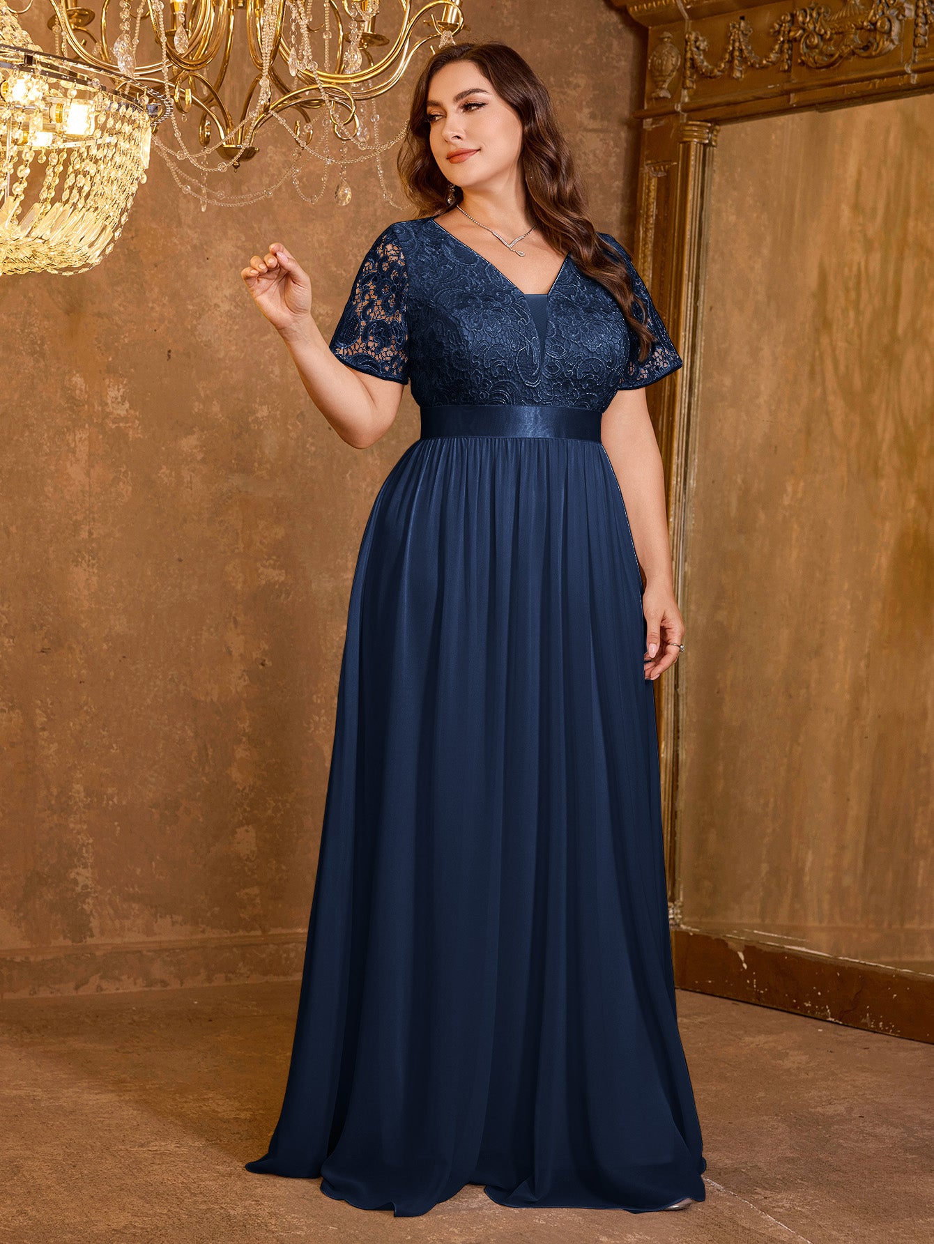 V-neck Elegant Mesh Patchwork Embroidered Short Sleeved Long Dress