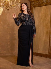 Elegant Plus Size Round Neck Slit Hip Hugging Long Sequined Heavy-Duty Dress