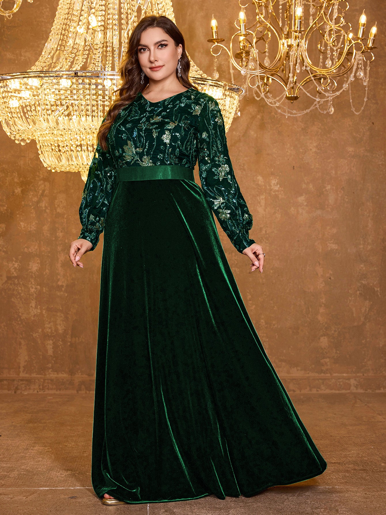 V-Neck Elegant Long Sleeved Sequined Heavy-Duty Dress For Formal Occasions