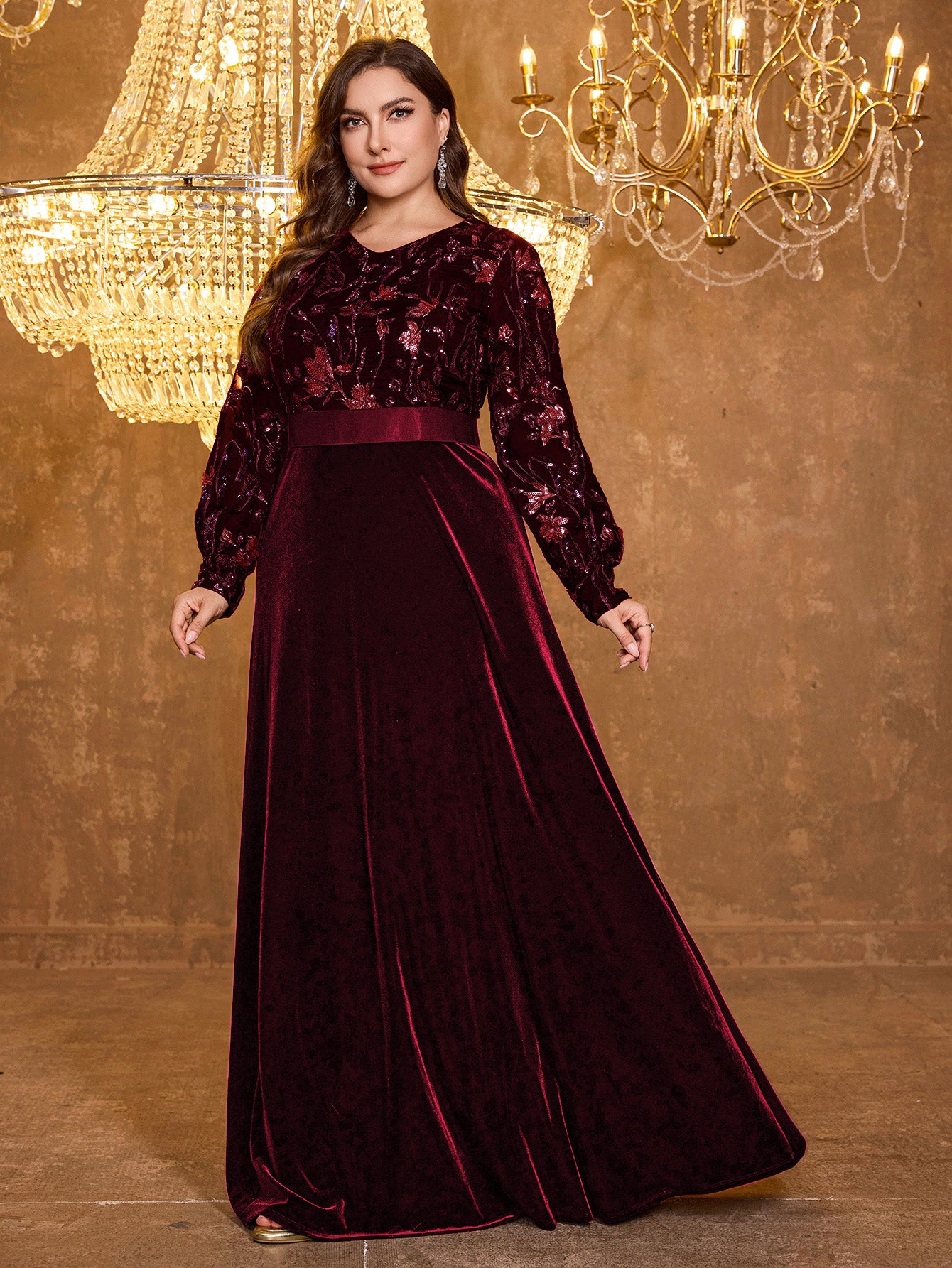 V-Neck Elegant Long Sleeved Sequined Heavy-Duty Dress For Formal Occasions