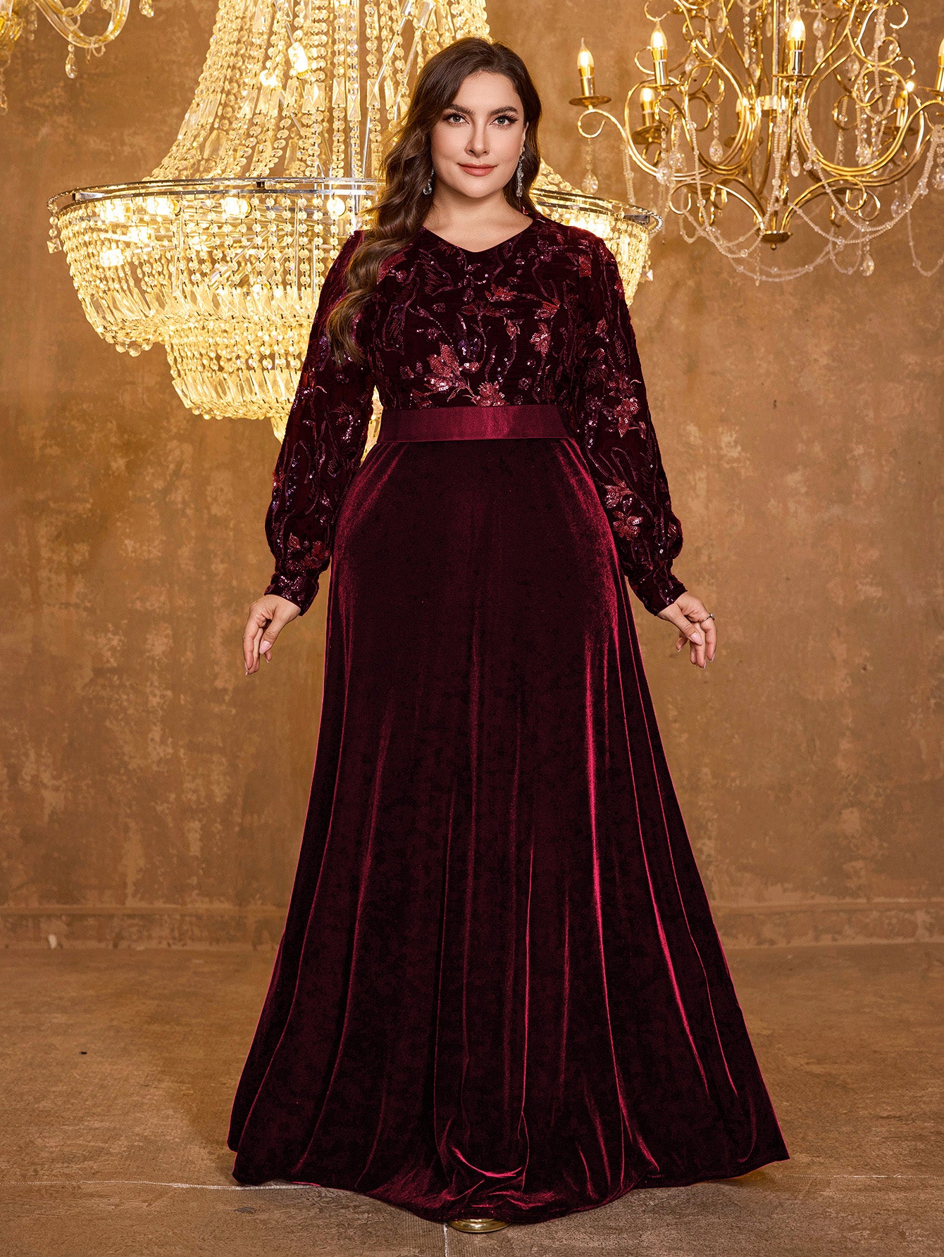 V-Neck Elegant Long Sleeved Sequined Heavy-Duty Dress For Formal Occasions