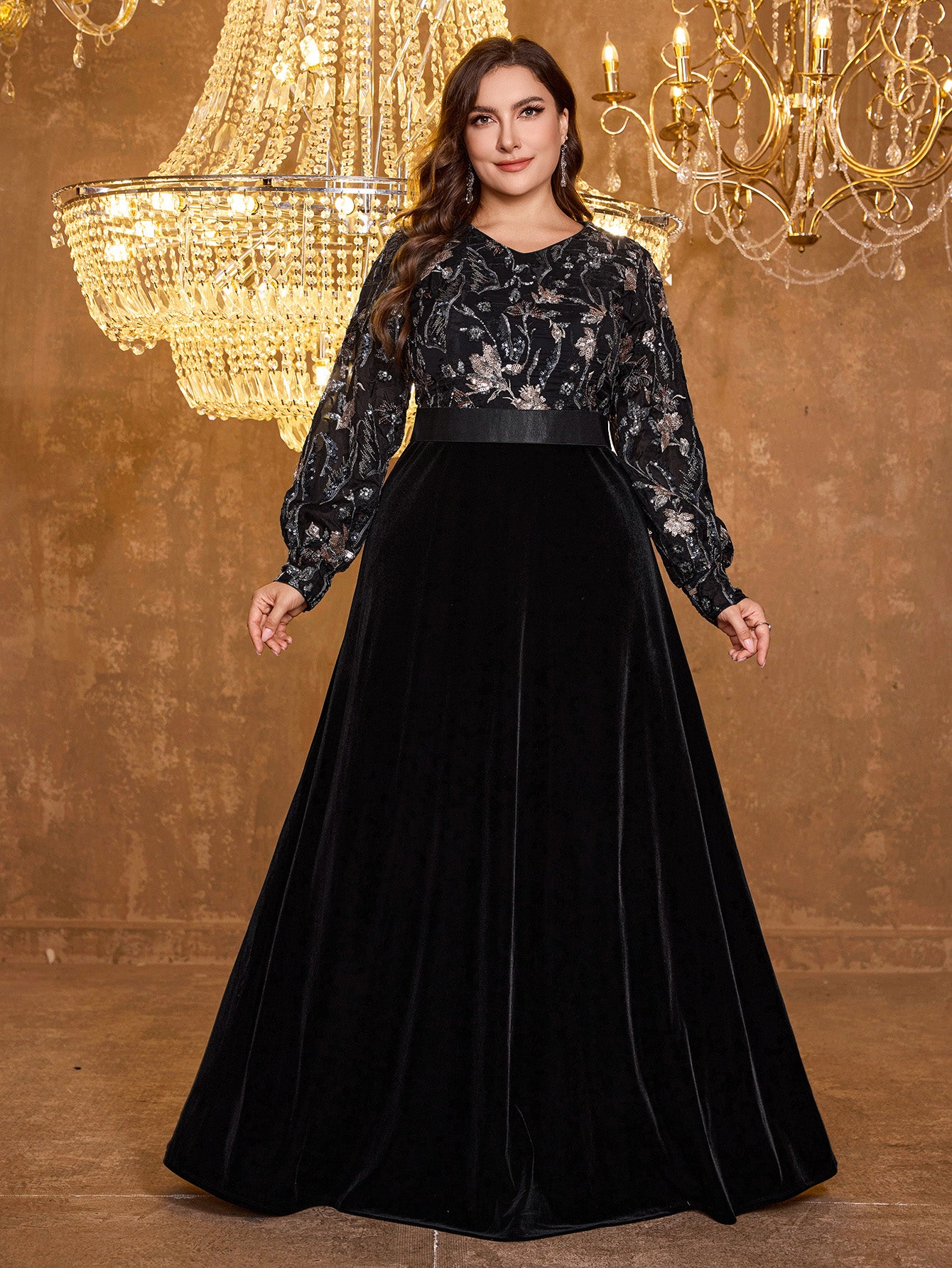 V-Neck Elegant Long Sleeved Sequined Heavy-Duty Dress For Formal Occasions