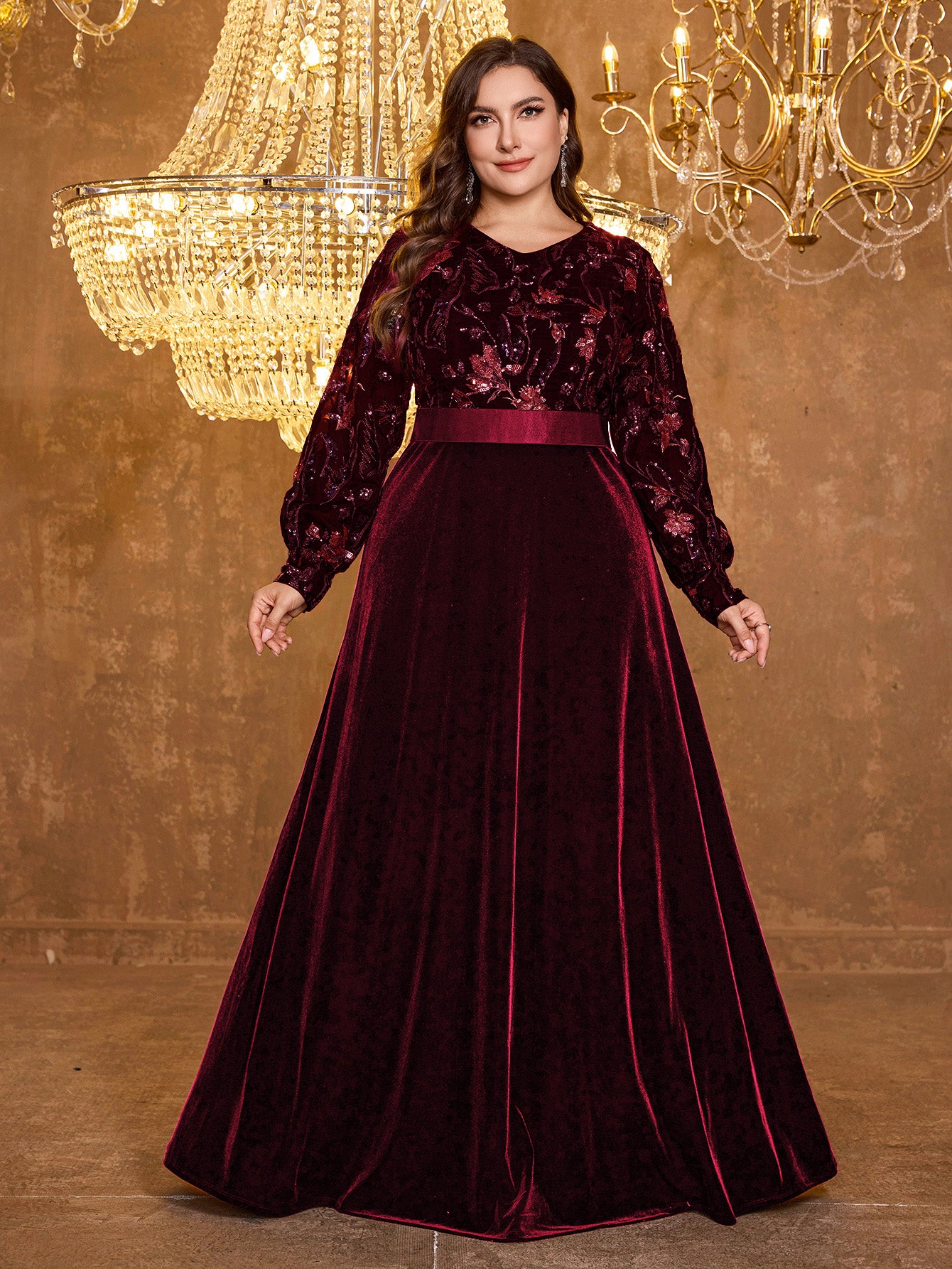 V-Neck Elegant Long Sleeved Sequined Heavy-Duty Dress For Formal Occasions