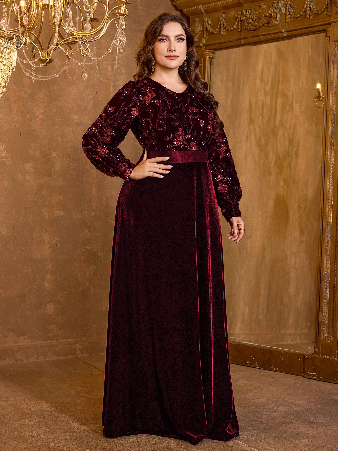 V-Neck Elegant Long Sleeved Sequined Heavy-Duty Dress For Formal Occasions
