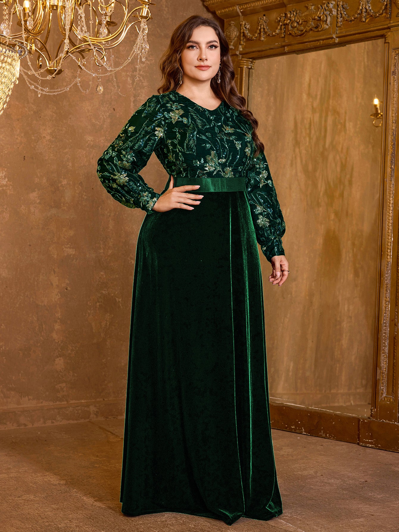 V-Neck Elegant Long Sleeved Sequined Heavy-Duty Dress For Formal Occasions
