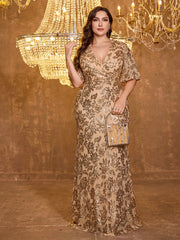 V-neck Elegant Five Quarter Lotus Leaf Sleeve Long Sequined Dress