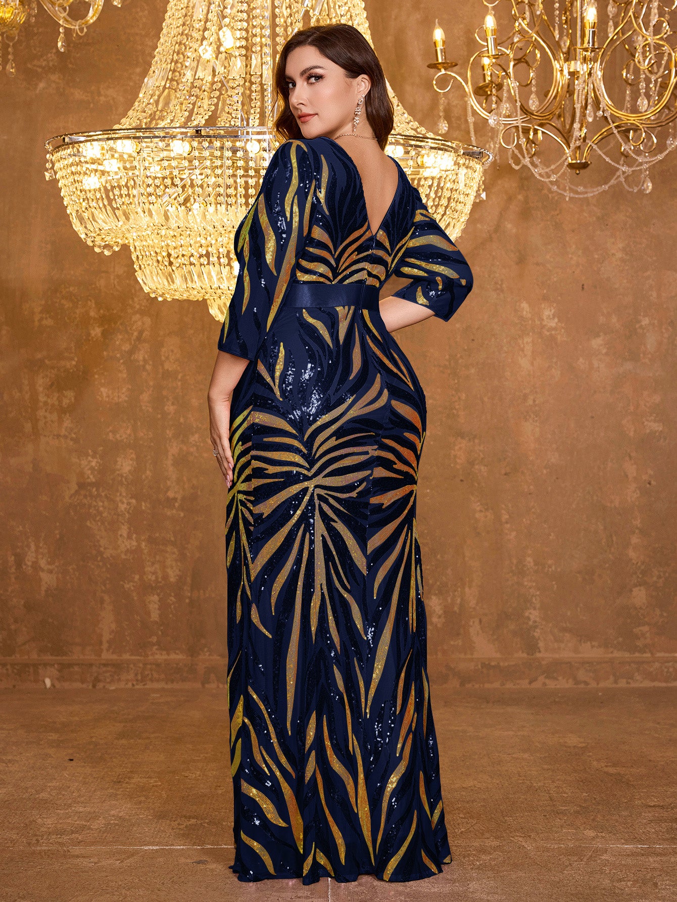 Elegant V-neck Multi-Color High Waisted Slit Slim Fit Long Dress