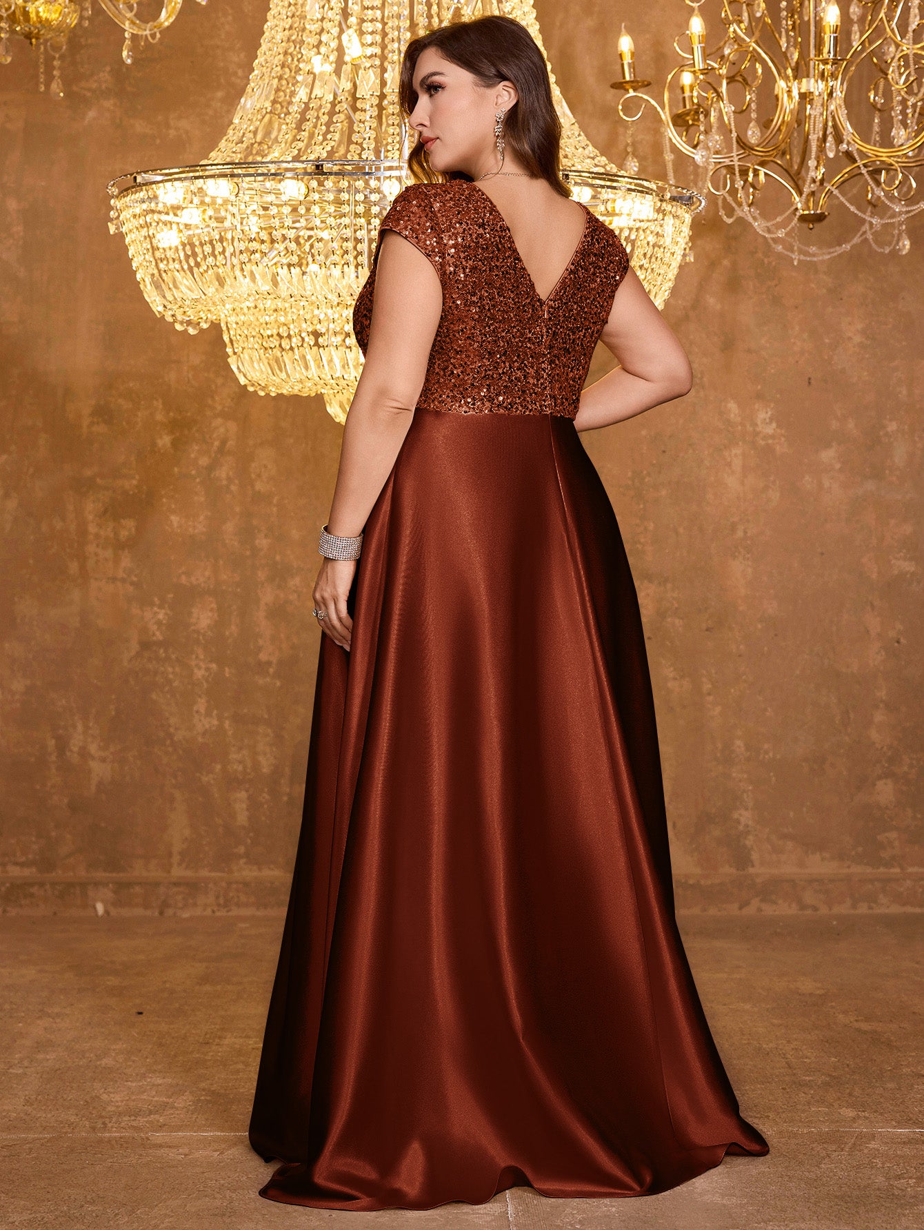 Elegant V-neck Short Sleeved Patchwork Oversized Skirt Long Sequined Dress