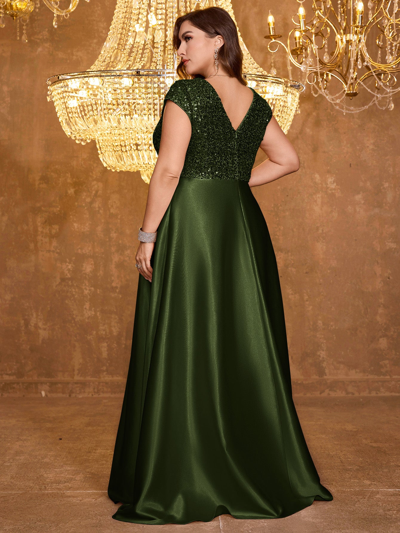 Elegant V-neck Short Sleeved Patchwork Oversized Skirt Long Sequined Dress