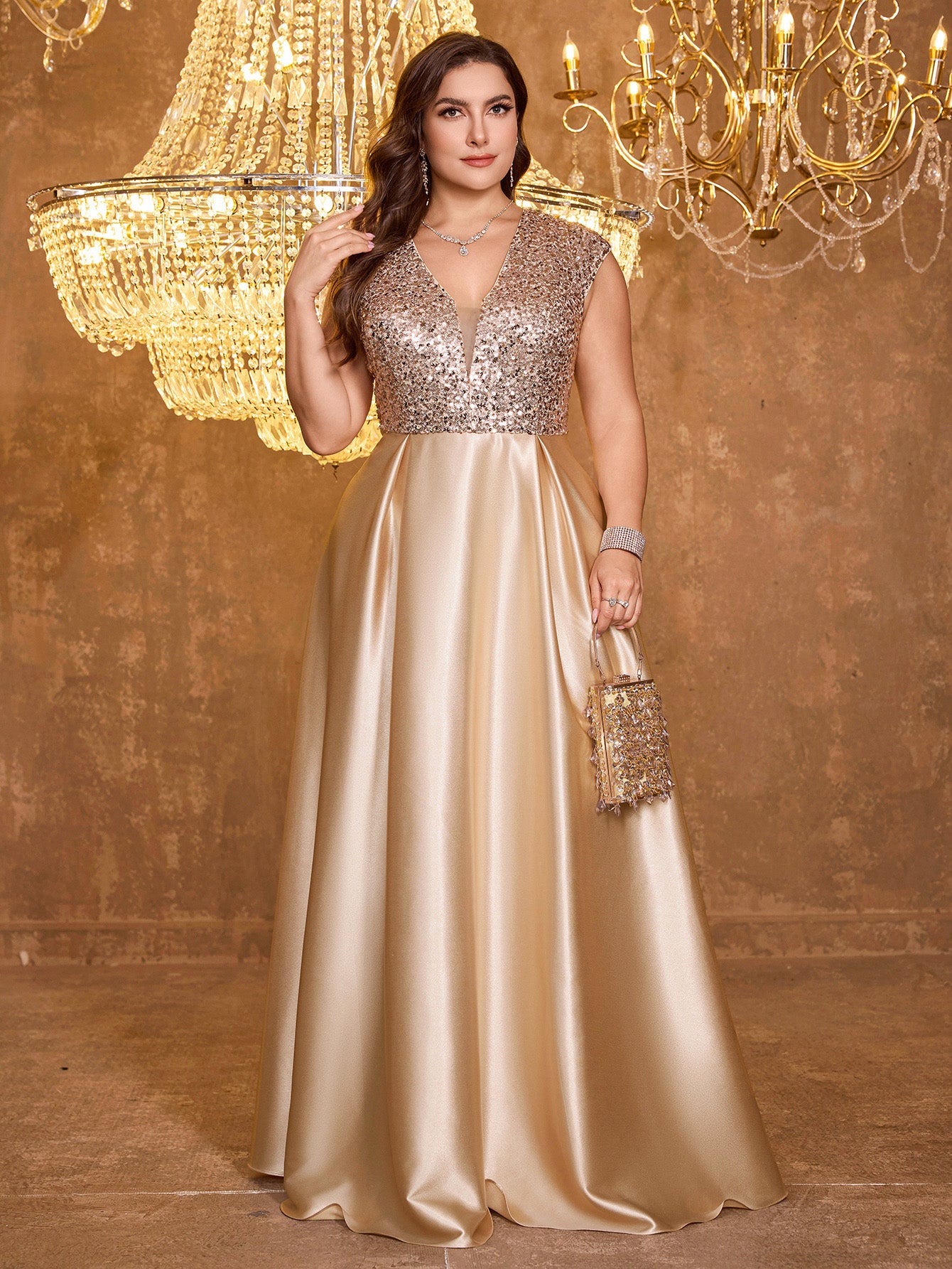 Elegant V-neck Short Sleeved Patchwork Oversized Skirt Long Sequined Dress