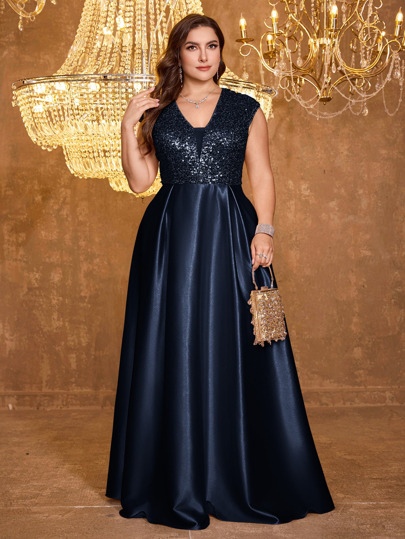 Elegant V-neck Short Sleeved Patchwork Oversized Skirt Long Sequined Dress