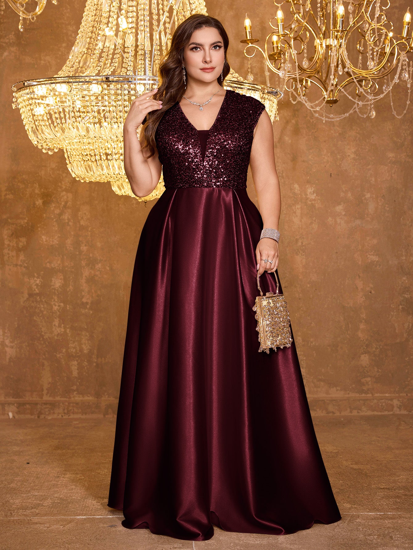 Elegant V-neck Short Sleeved Patchwork Oversized Skirt Long Sequined Dress