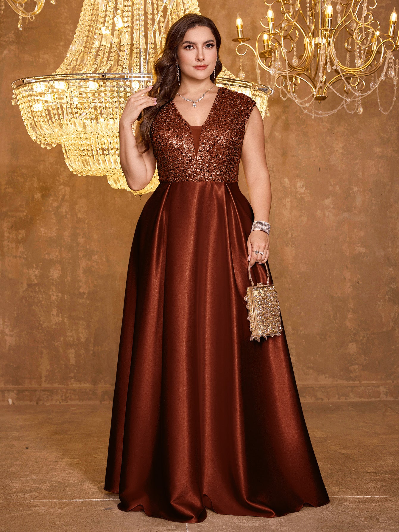 Elegant V-neck Short Sleeved Patchwork Oversized Skirt Long Sequined Dress