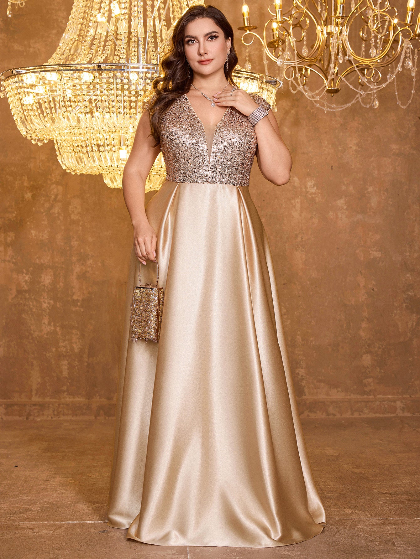 Elegant V-neck Short Sleeved Patchwork Oversized Skirt Long Sequined Dress