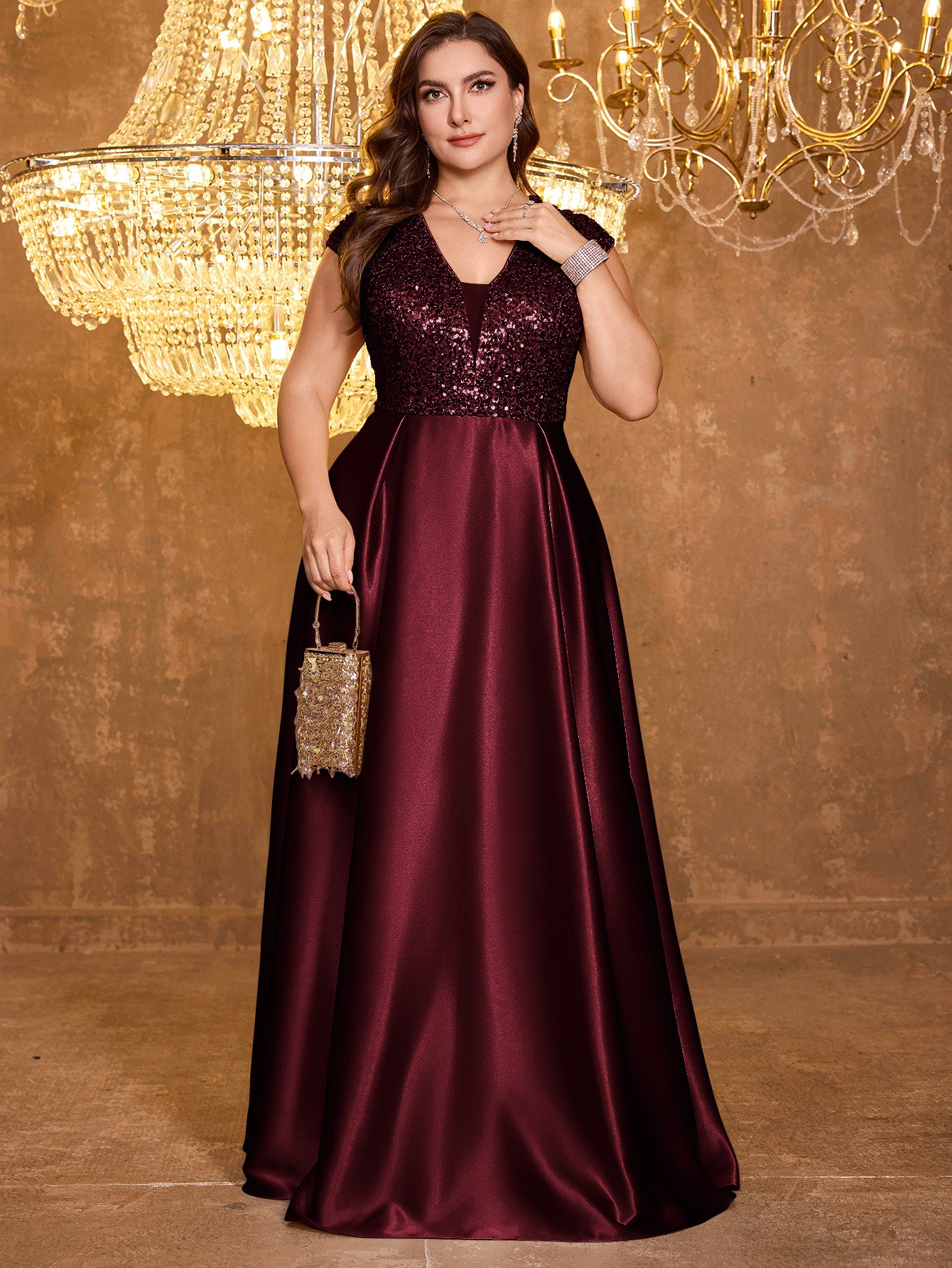 Elegant V-neck Short Sleeved Patchwork Oversized Skirt Long Sequined Dress