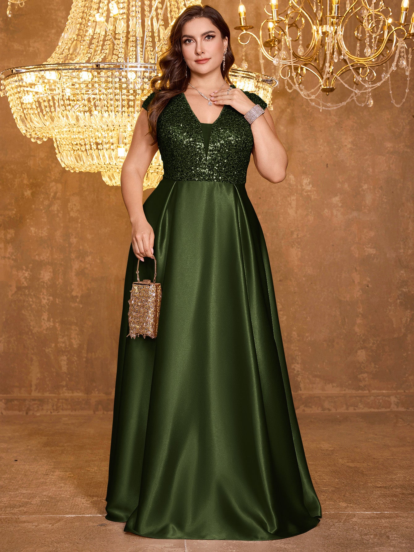 Elegant V-neck Short Sleeved Patchwork Oversized Skirt Long Sequined Dress