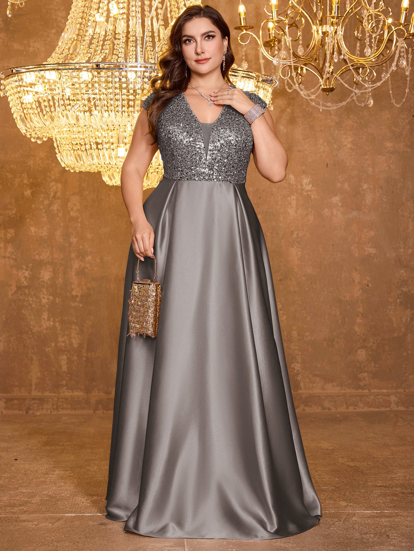 Elegant V-neck Short Sleeved Patchwork Oversized Skirt Long Sequined Dress