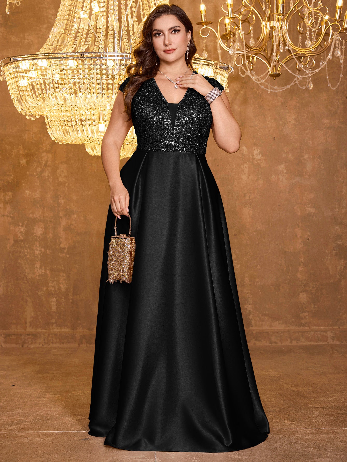 Elegant V-neck Short Sleeved Patchwork Oversized Skirt Long Sequined Dress