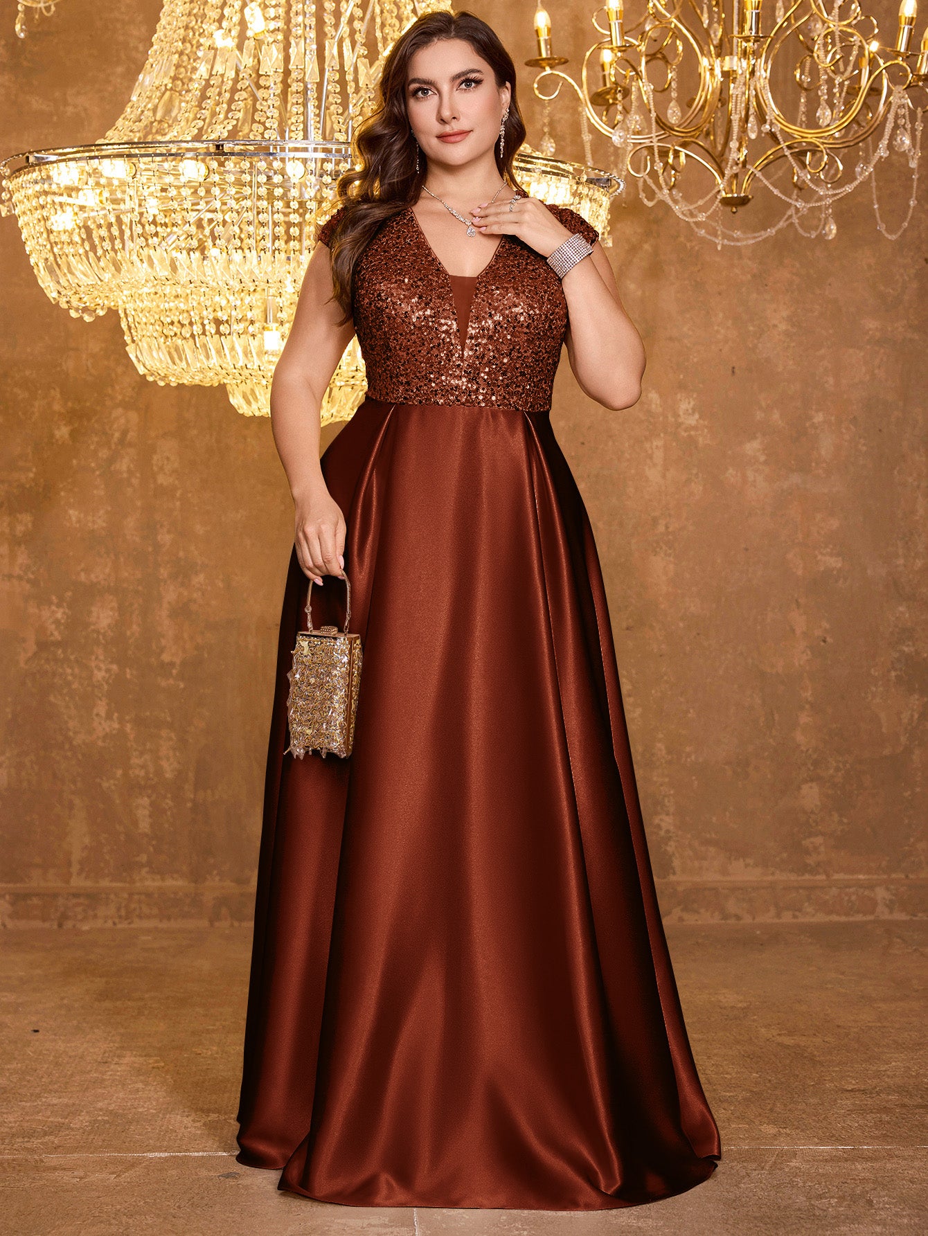 Elegant V-neck Short Sleeved Patchwork Oversized Skirt Long Sequined Dress