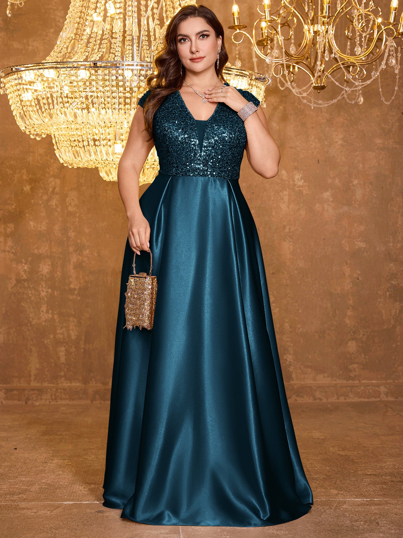 Elegant V-neck Short Sleeved Patchwork Oversized Skirt Long Sequined Dress