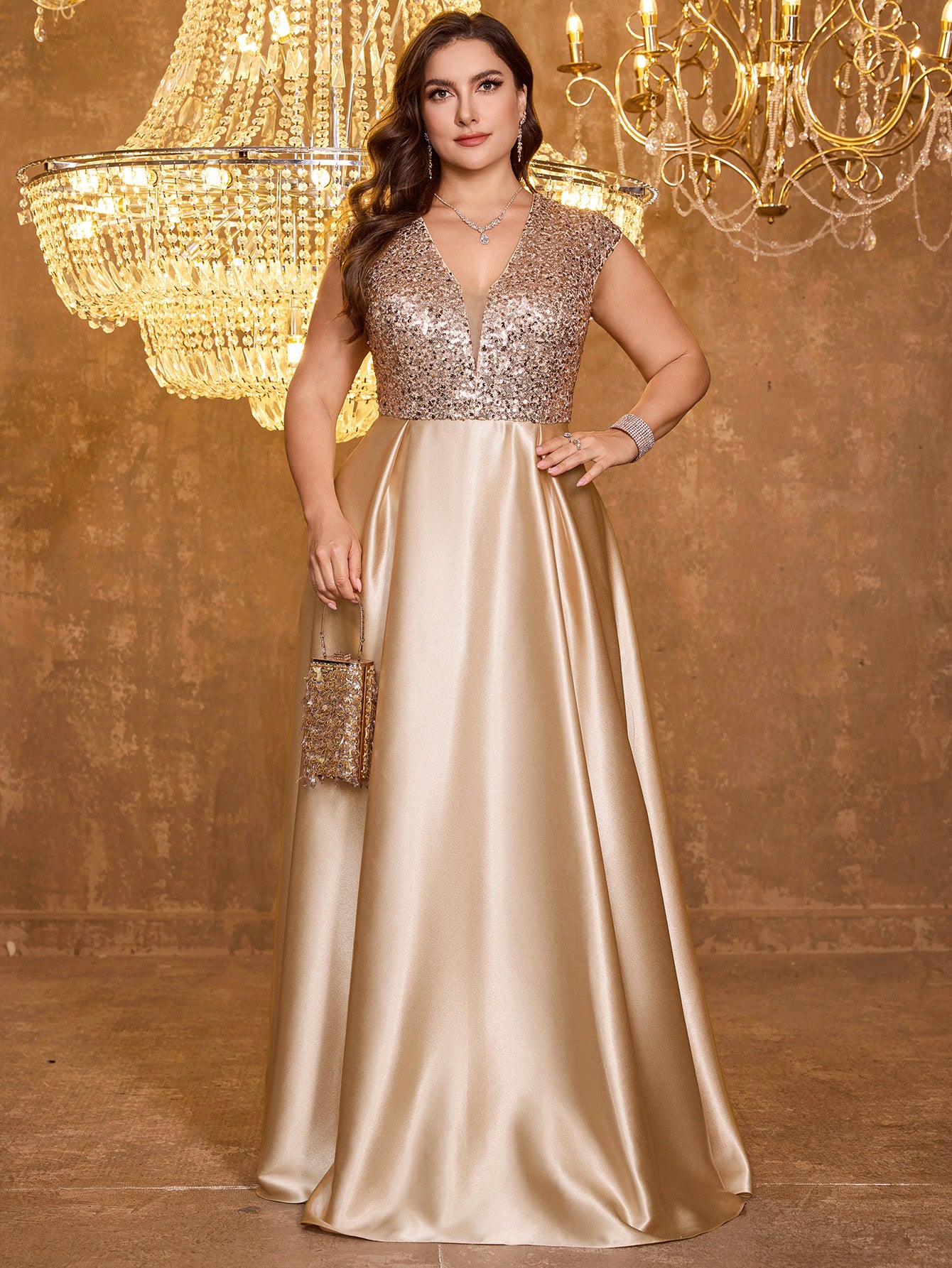 Elegant V-neck Short Sleeved Patchwork Oversized Skirt Long Sequined Dress