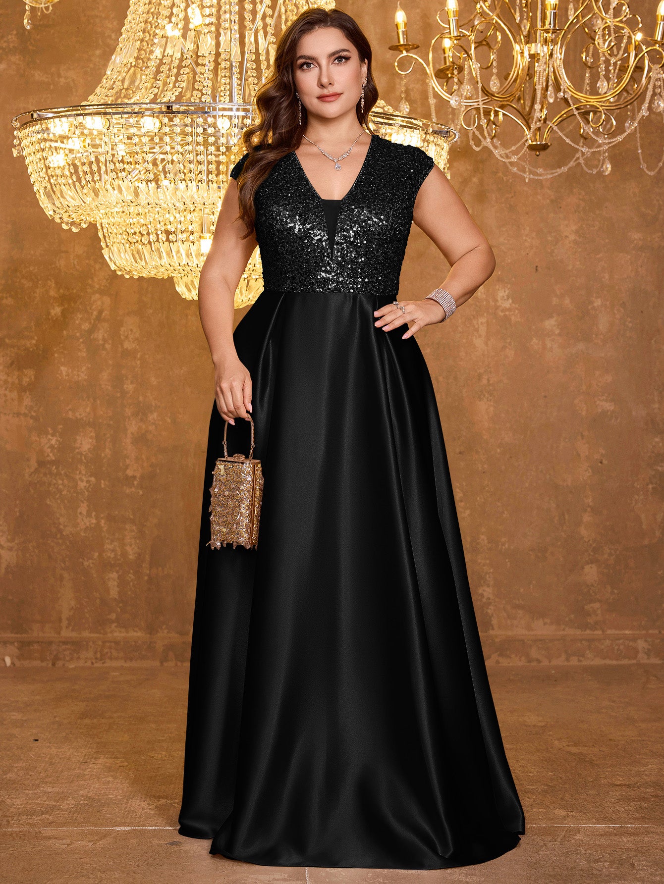 Elegant V-neck Short Sleeved Patchwork Oversized Skirt Long Sequined Dress