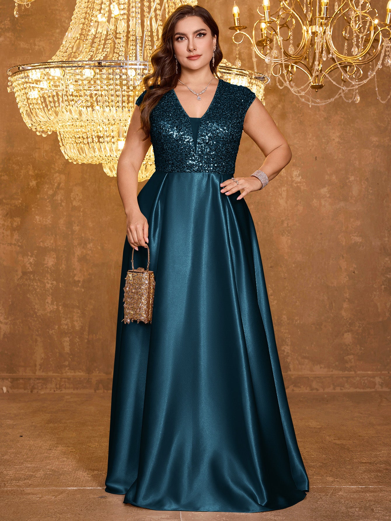 Elegant V-neck Short Sleeved Patchwork Oversized Skirt Long Sequined Dress