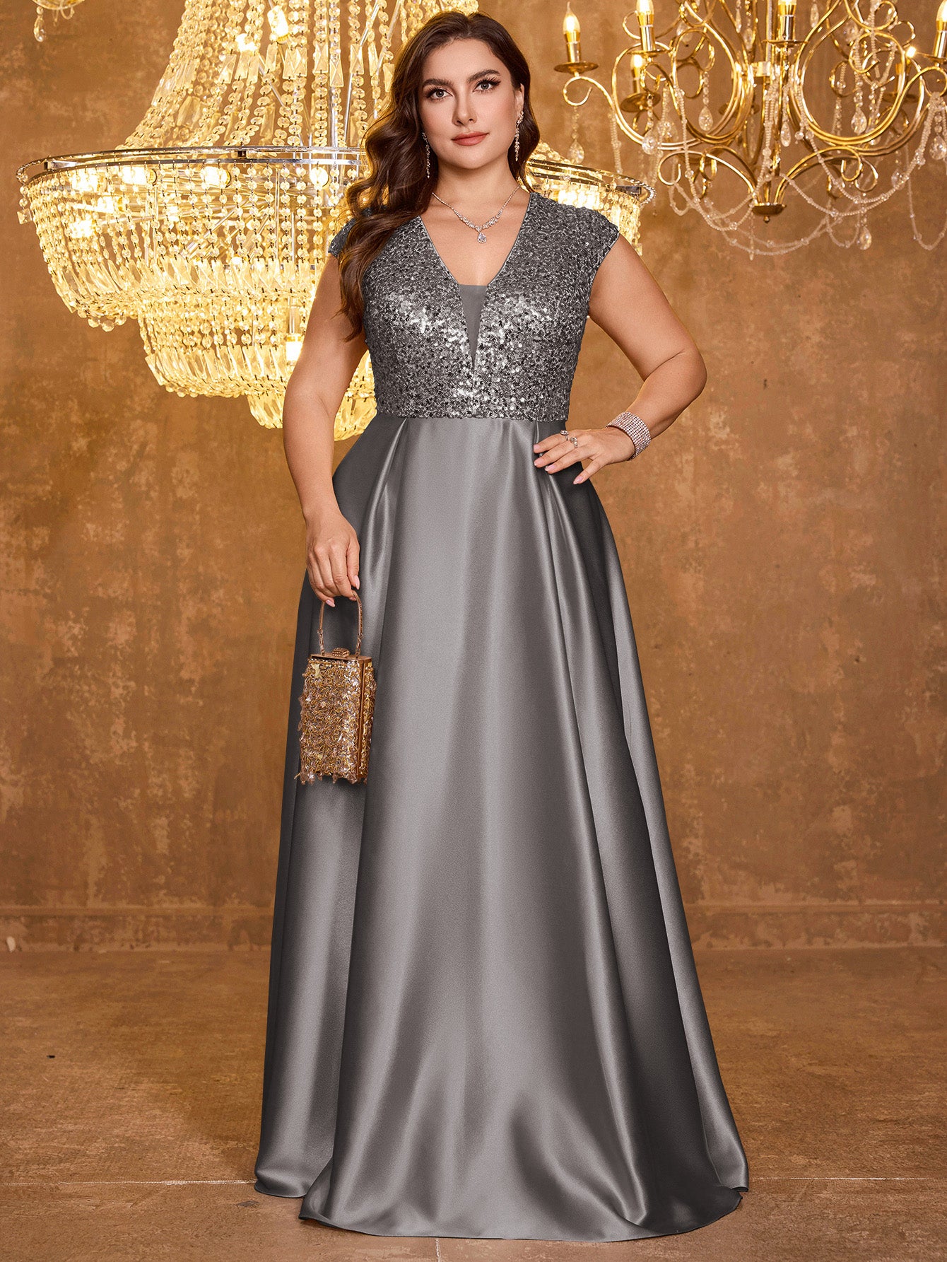 Elegant V-neck Short Sleeved Patchwork Oversized Skirt Long Sequined Dress
