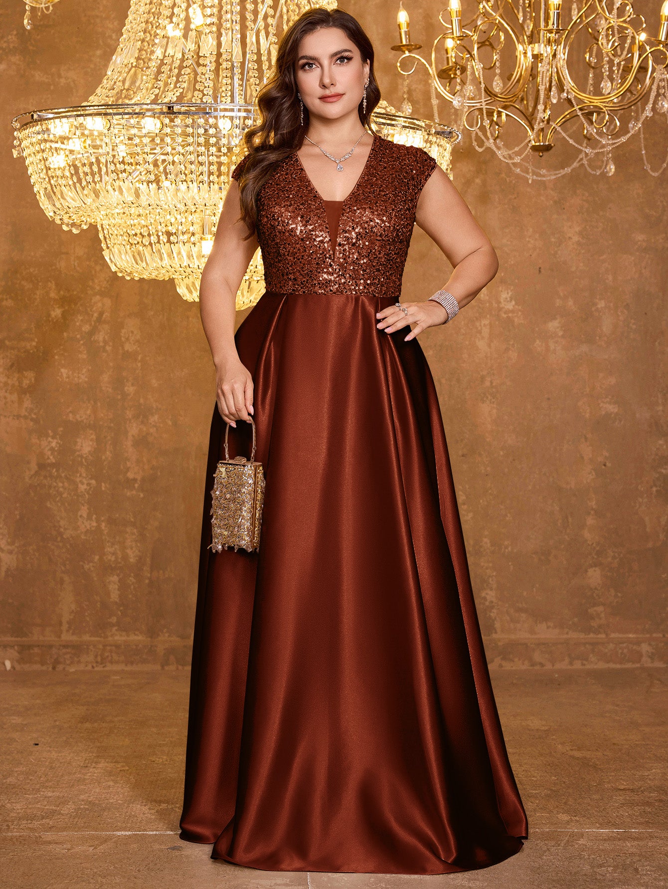 Elegant V-neck Short Sleeved Patchwork Oversized Skirt Long Sequined Dress